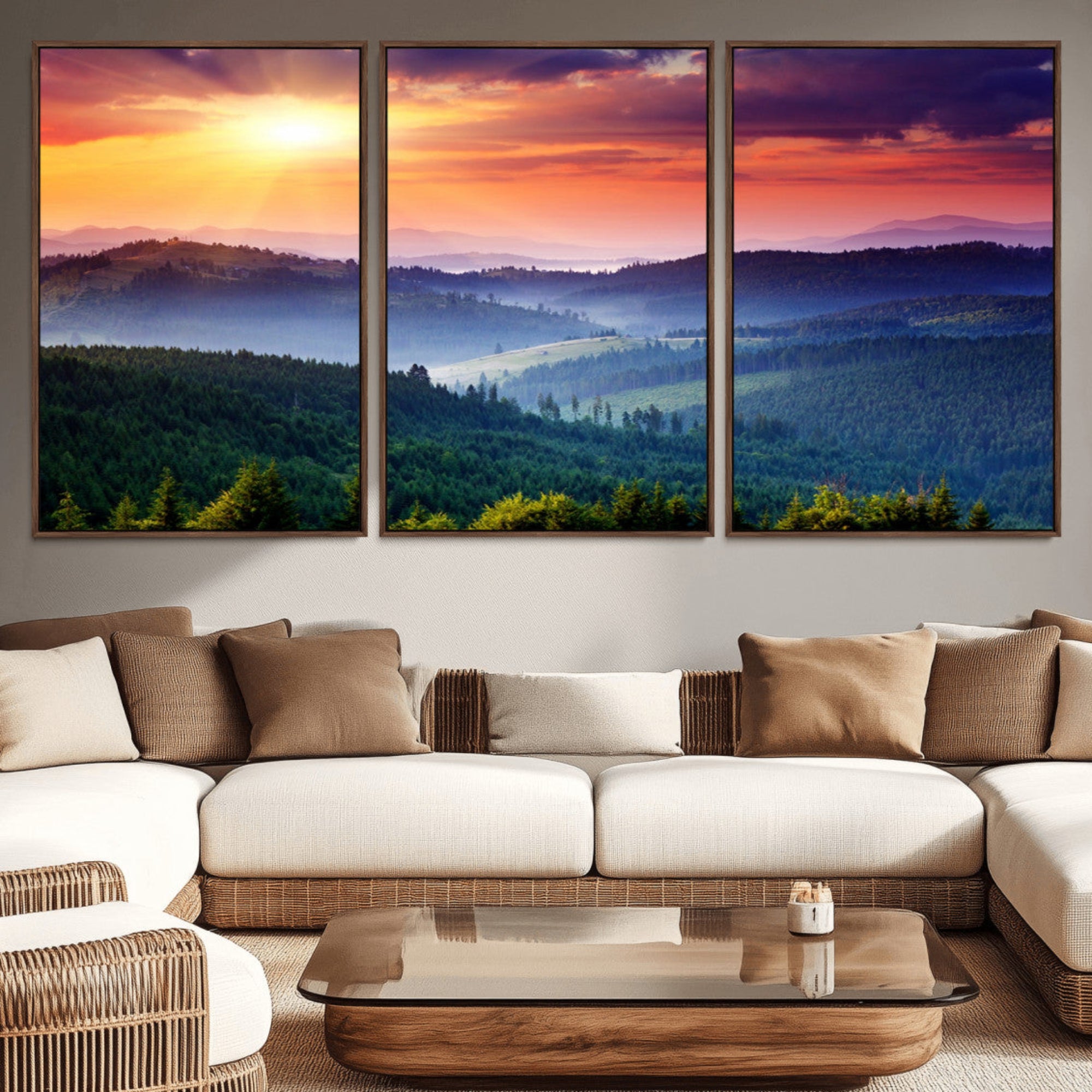 86411-MGV-CV-36X24-Sunset over Mountain Canvas Print, Forest Canvas Wall Art – Triptych Nature Landscape for Living
