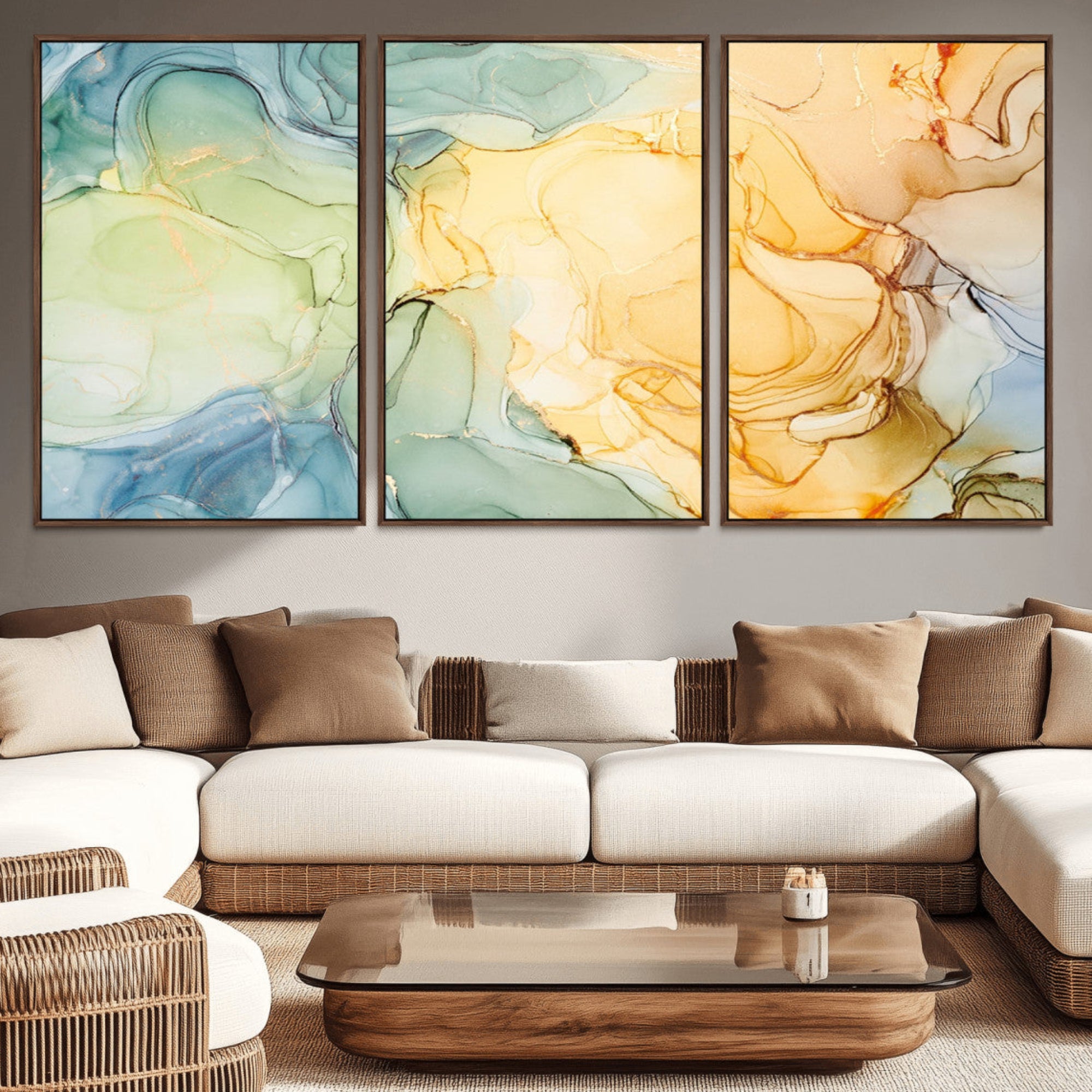 42195-MGV-CV-36X24-Green and Yellow Marble Fluid Effect Wall Art, Green and Yellow Marble Canvas Wall Art Print