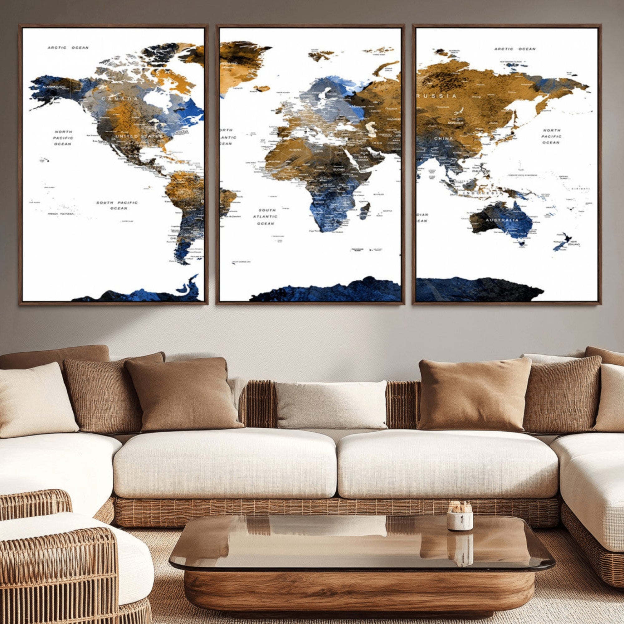 32677-MGV-CV-36X24-Modern Abstract World Map Canvas Wall Art – Framed Blue and Gold Map Print, Elegant Contemporary Travel Decor for Home and Office Walls