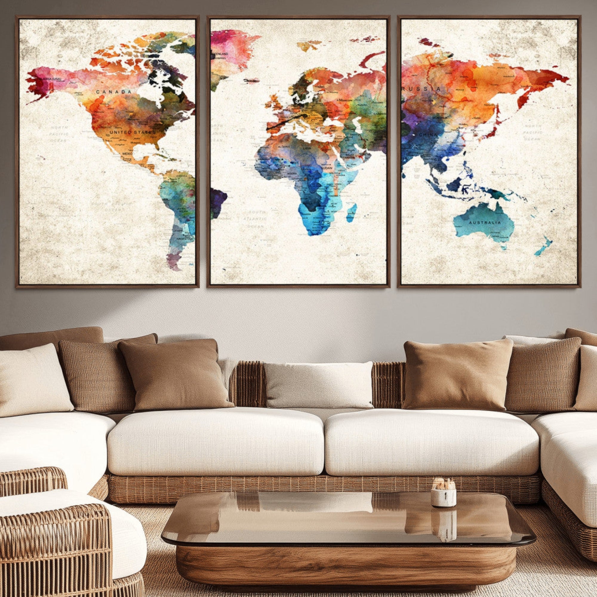 66549-MGV-CV-36X24-Colorful Watercolor World Map Canvas Wall Art – Framed Push Pin Travel Map for Home and Office Decor, Artistic Modern Wall Artwork