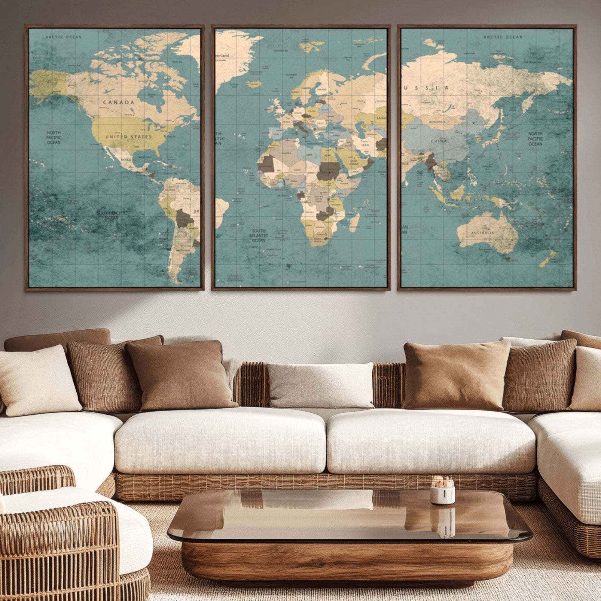54872-MGV-CV-36X24-Classic World Map Canvas Print – Framed Vintage Map Wall Art, Retro Atlas Design for Rustic Explorer or Study Room Decor