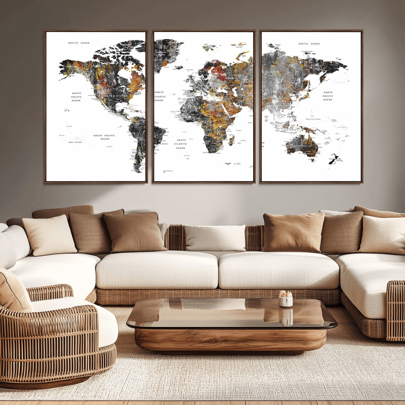 -Modern Metallic World Map Canvas Wall Art – Framed Contemporary World Map Print, Stylish Travel Inspired Decor for Home and Office Walls