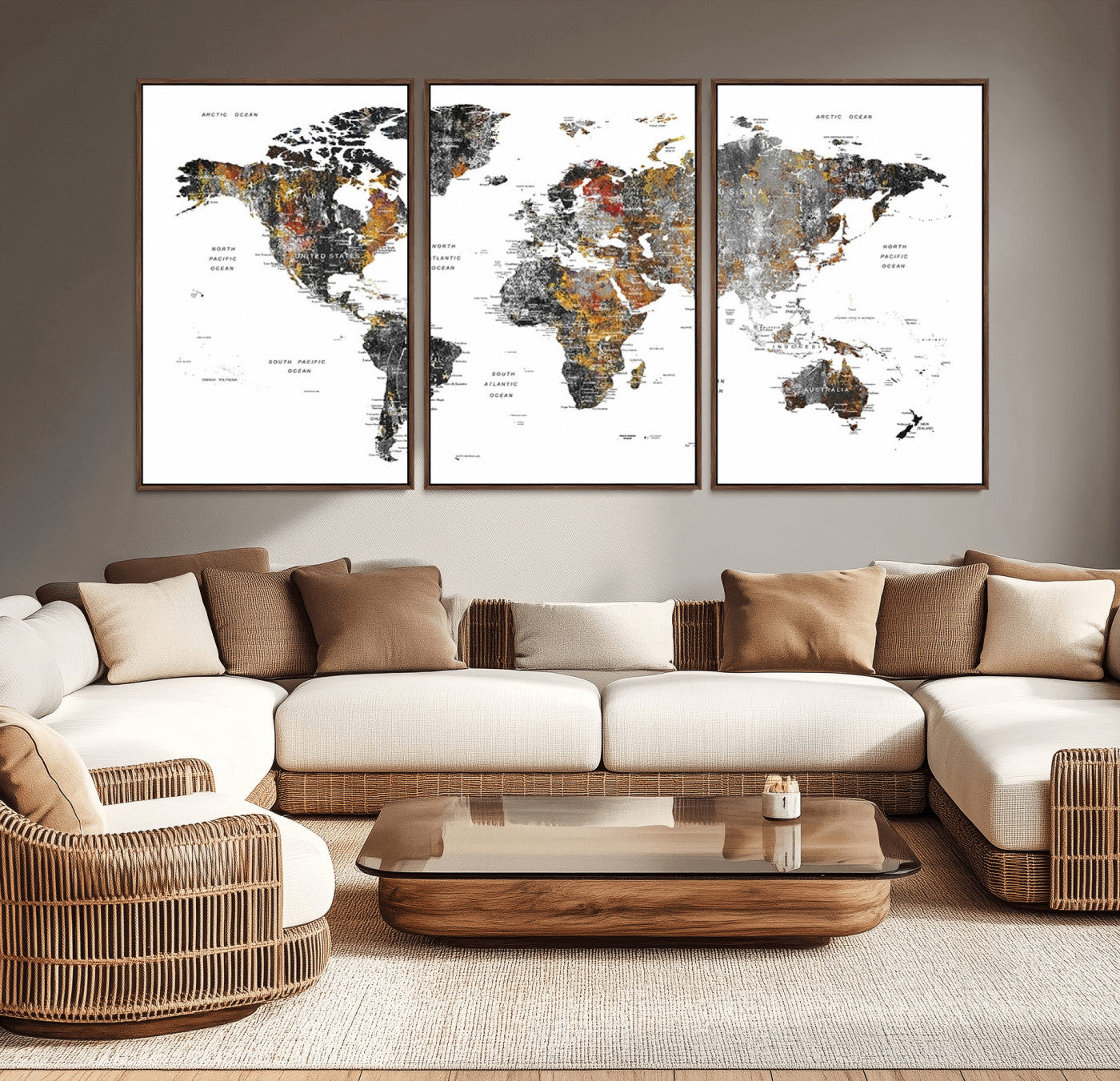 -Modern Metallic World Map Canvas Wall Art – Framed Contemporary World Map Print, Stylish Travel Inspired Decor for Home and Office Walls