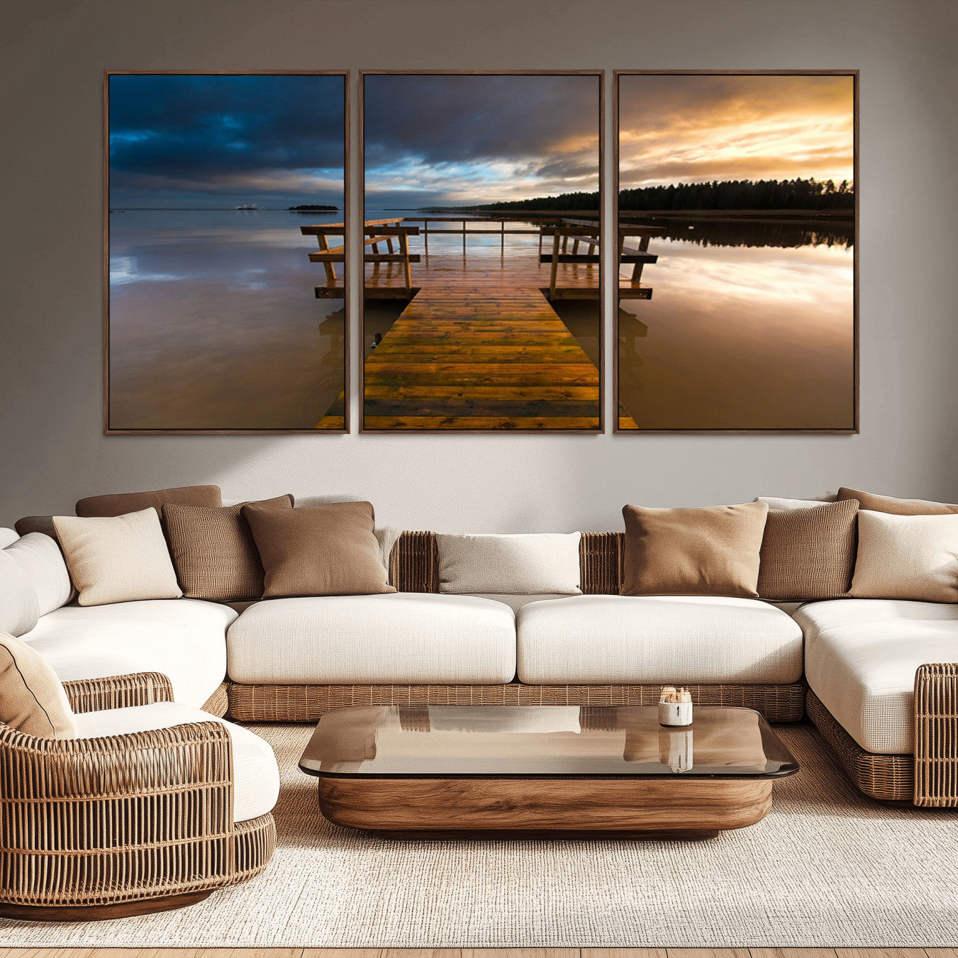 -Serene Lake Pier at Sunset Canvas Print | Landscape Canvas Print | Ready to Hang and Framed Wall Art