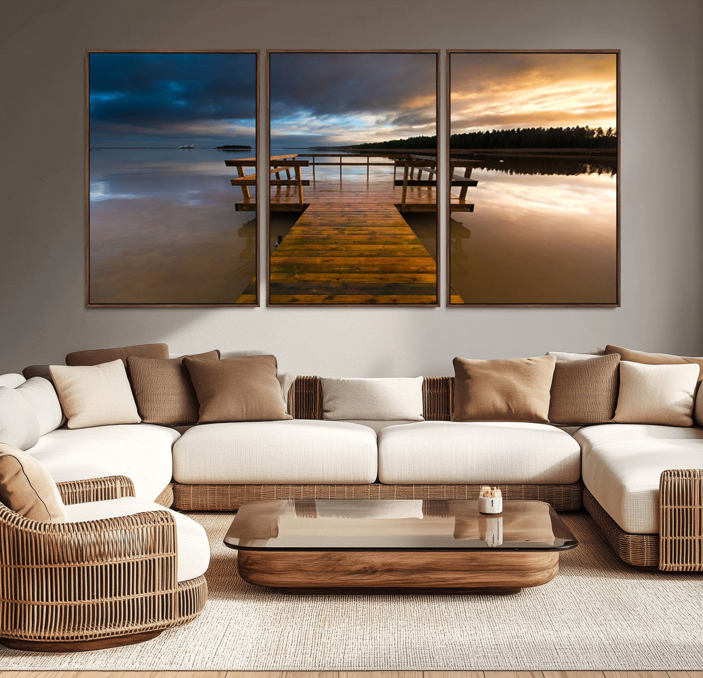 -Serene Lake Pier at Sunset Canvas Print | Landscape Canvas Print | Ready to Hang and Framed Wall Art