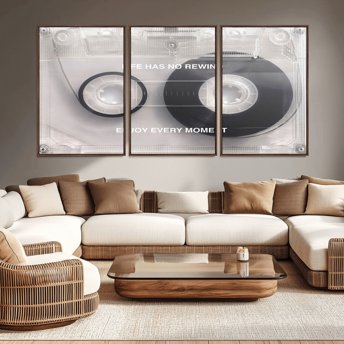 -Vintage Cassette Tape Canvas Wall Art - Inspirational 'Life Has No Rewind' Quote, Retro Music Decor