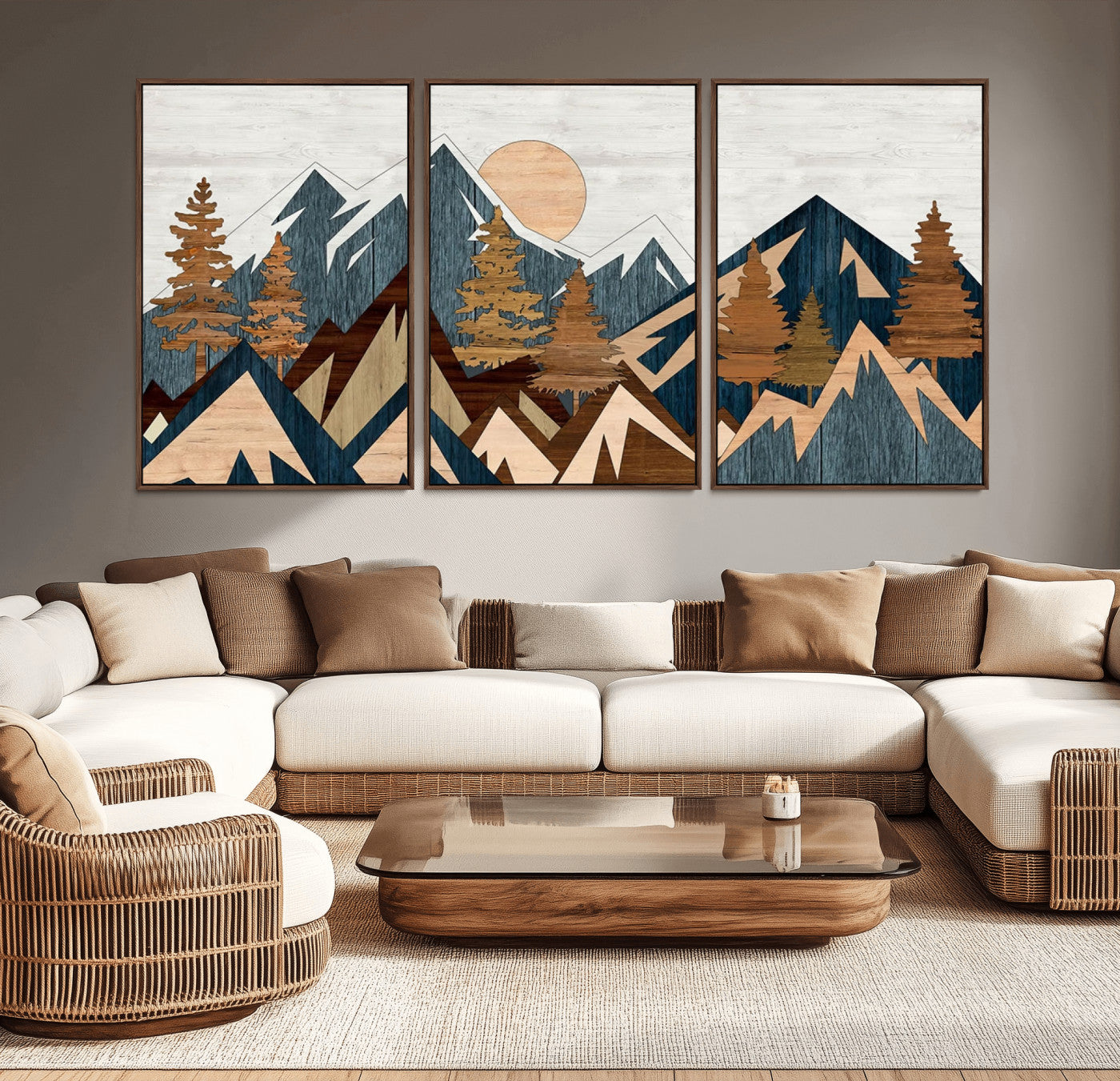 91467-MGV-CV-36X24-Abstract Wood Panel Effect Mountain Range Top Wall Art Canvas Print