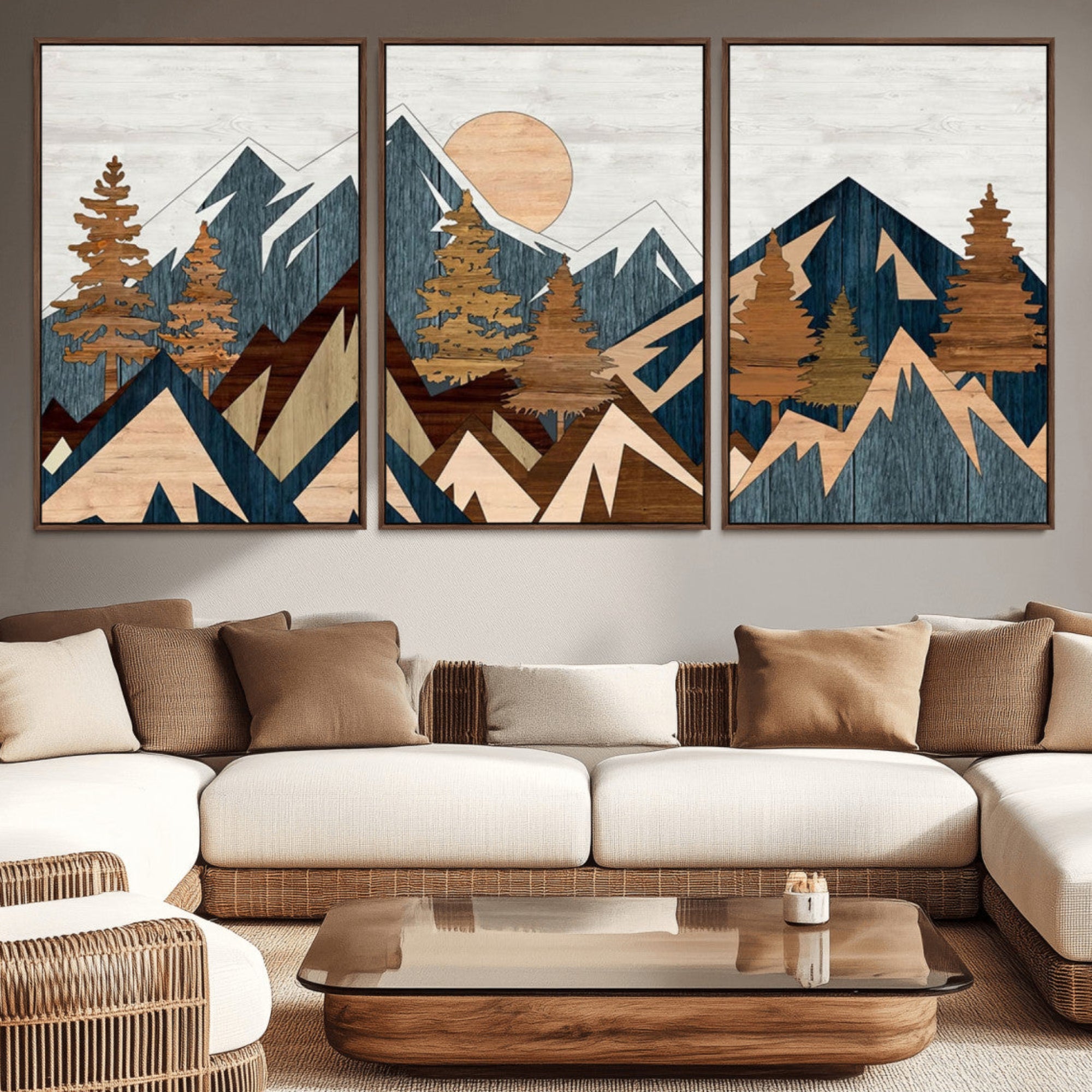 91467-MGV-CV-36X24-Abstract Wood Panel Effect Mountain Range Top Wall Art Canvas Print