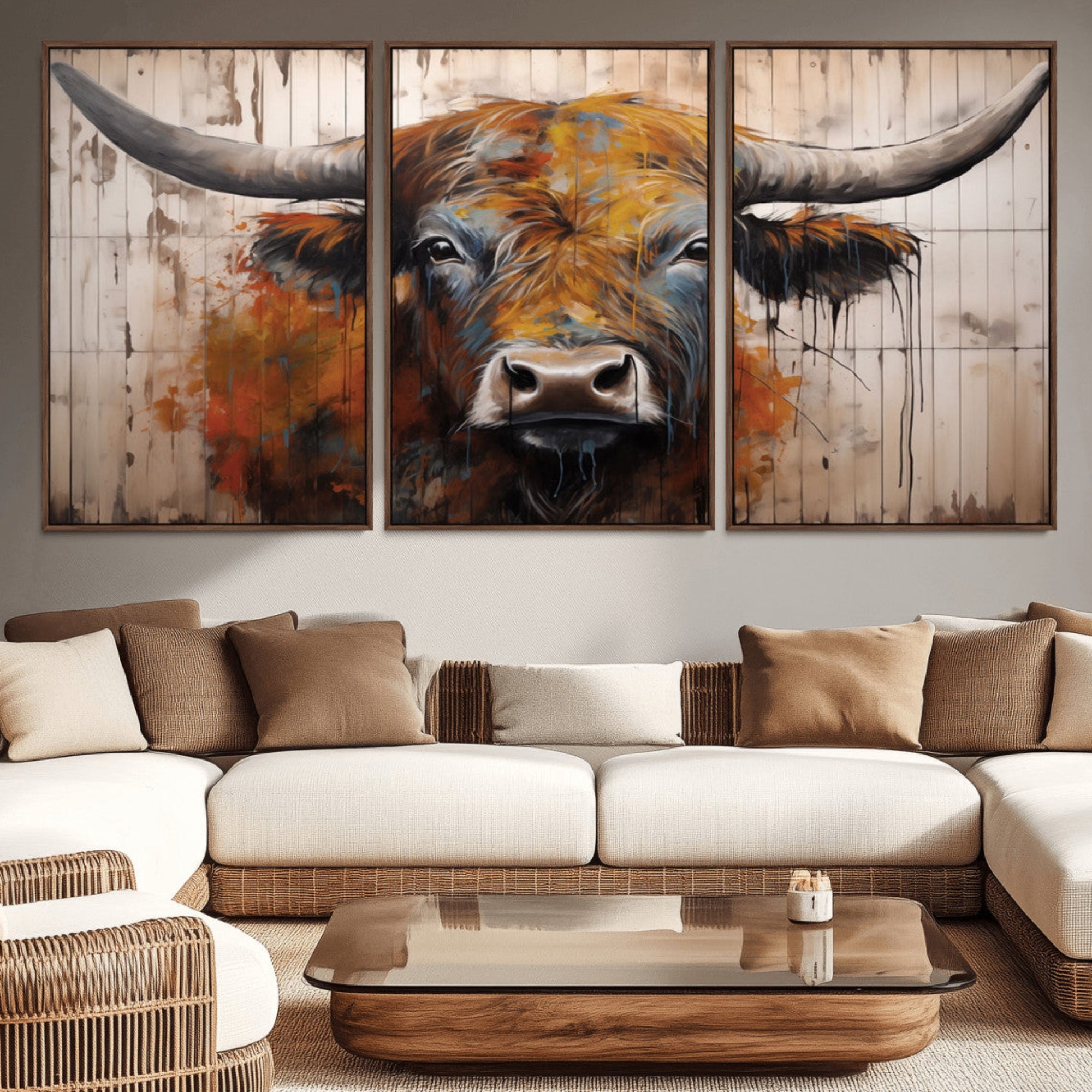 47284-MGV-CV-36X24-Scottish Highland Cow Cattle Art Print on Wood Style Background