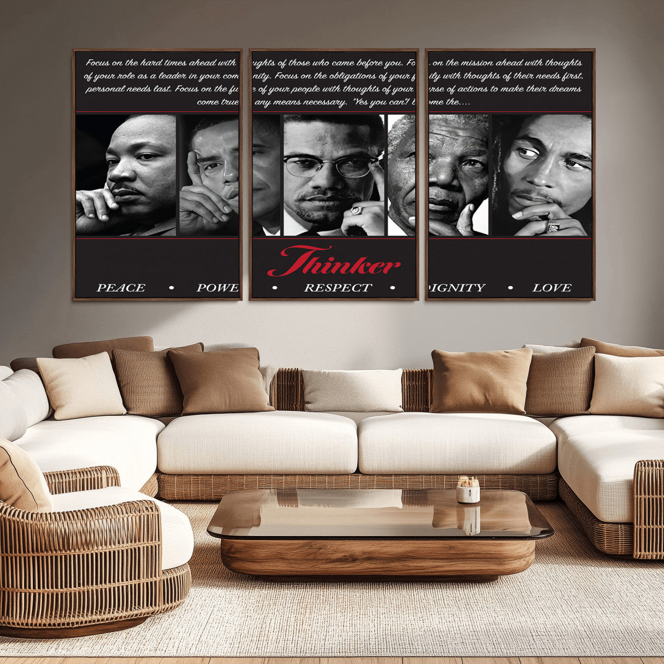 -Thinker Quintet Canvas Wall Art – Martin, Obama, Malcolm X, Mandela, Marley Featuring Peace, Power,