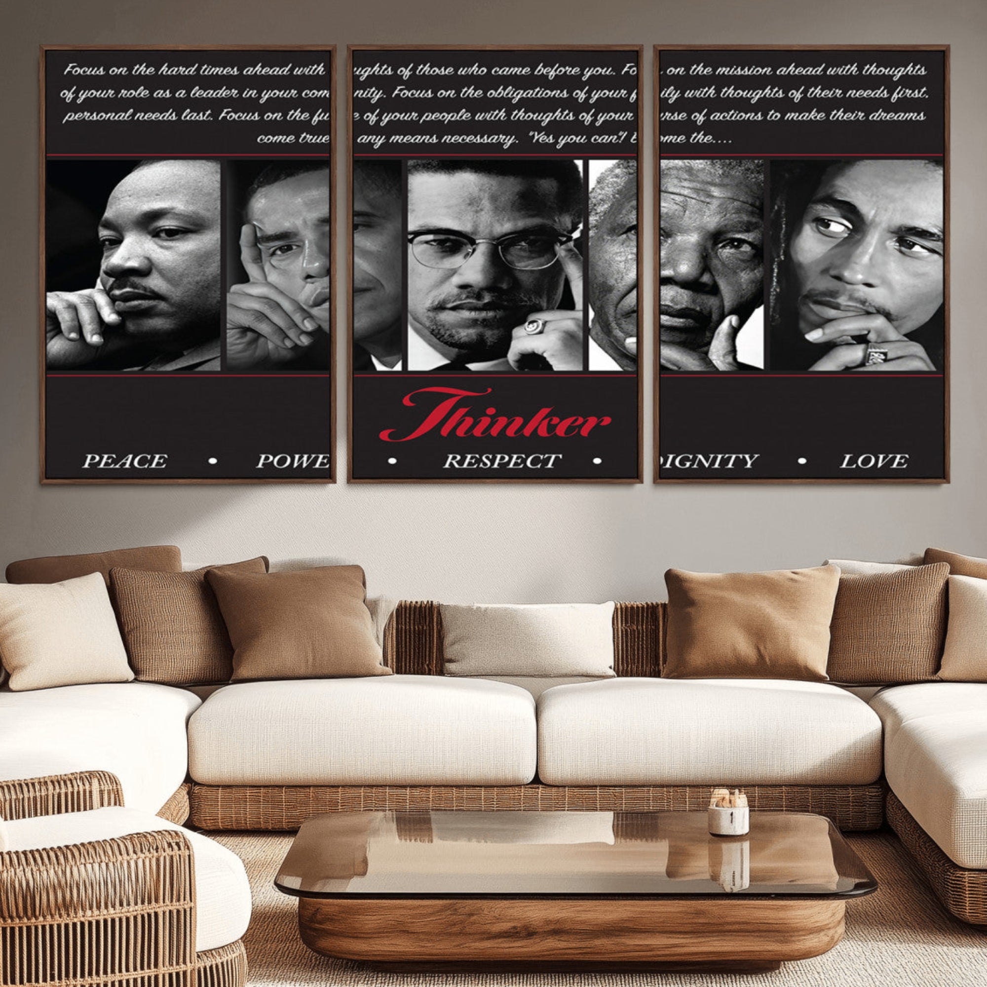 45112-MGV-CV-36X24-Thinker Quintet Canvas Wall Art – Martin, Obama, Malcolm X, Mandela, Marley Featuring Peace, Power,