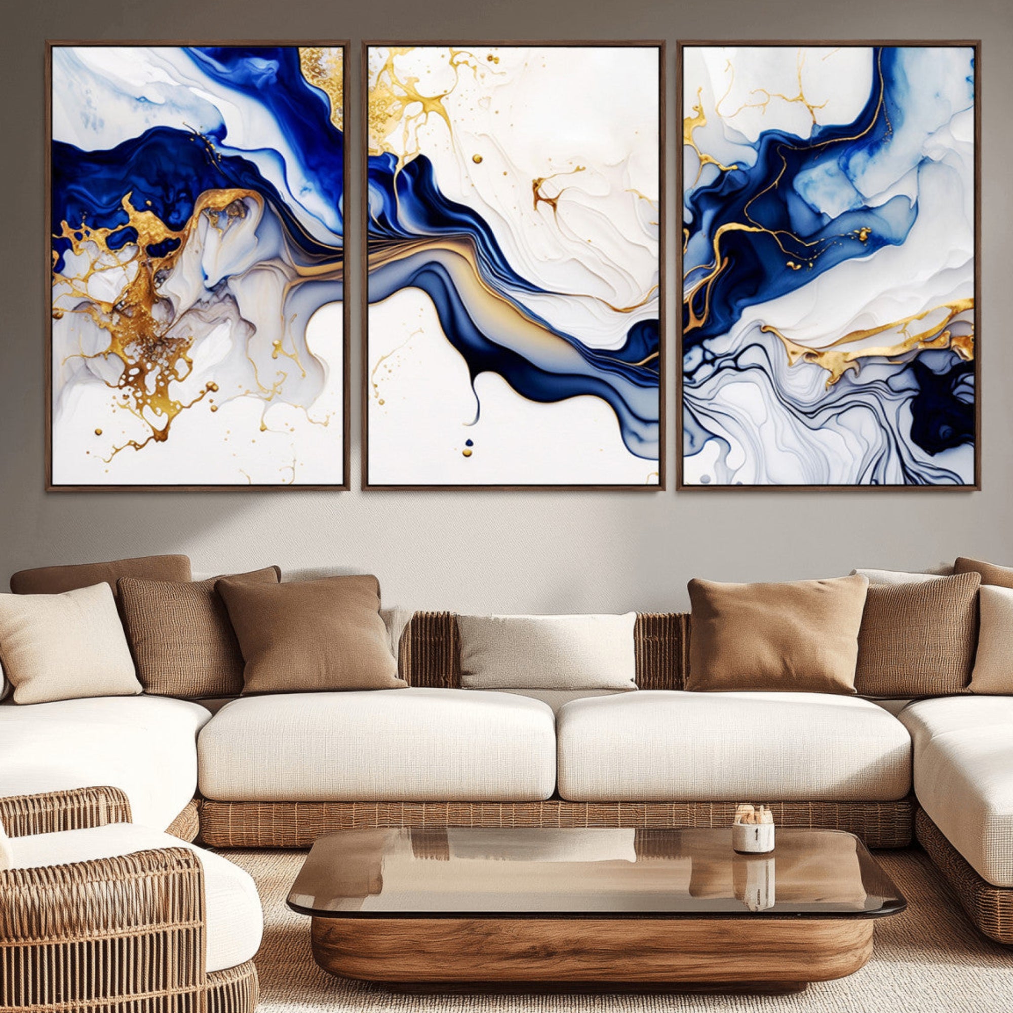 93392-MGV-CV-36X24-Golden Cascades on Midnight Blue – Deep Blue Abstract Wall Art Flowing Elegance | Wall Art Canvas,