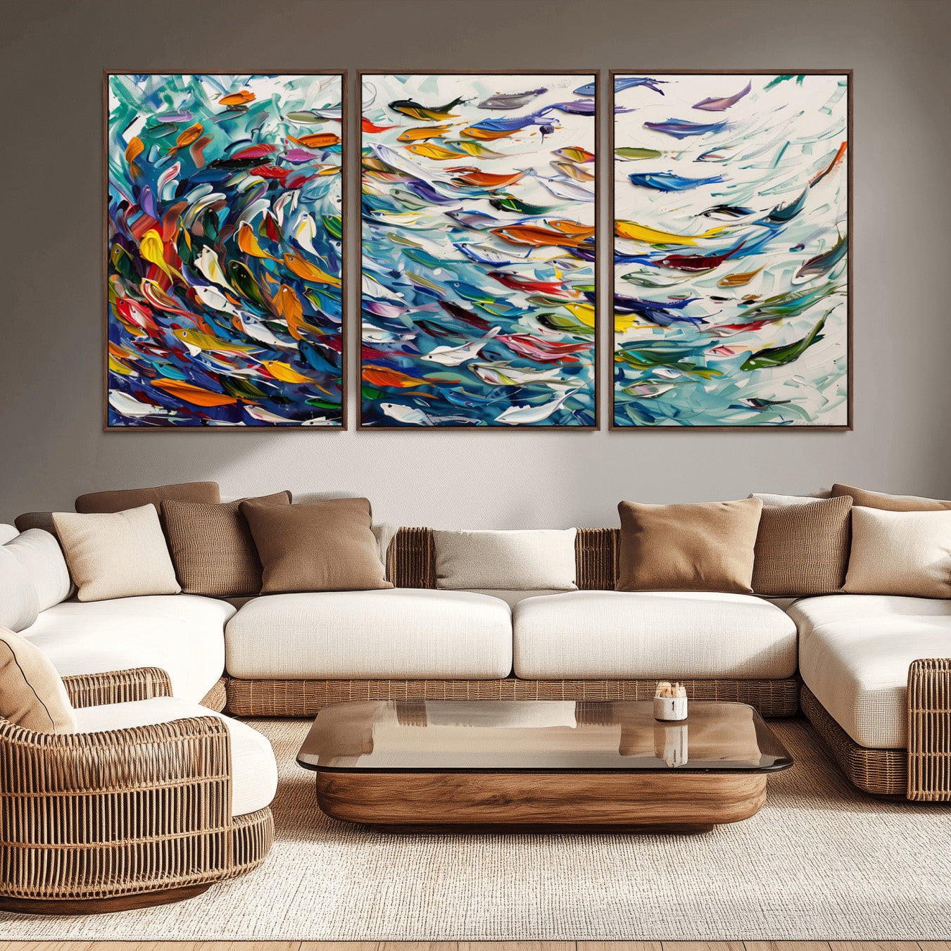 -Modern Abstract Fish Shoal Wall Art Canvas Print, Colorful Fish Herd Painting on Canvas Print, Ocean