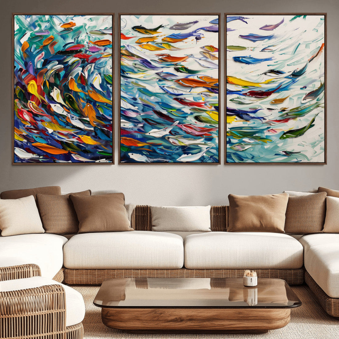Modern Abstract Fish Shoal Wall Art Canvas Print, Colorful Fish Ocean Animal Art
