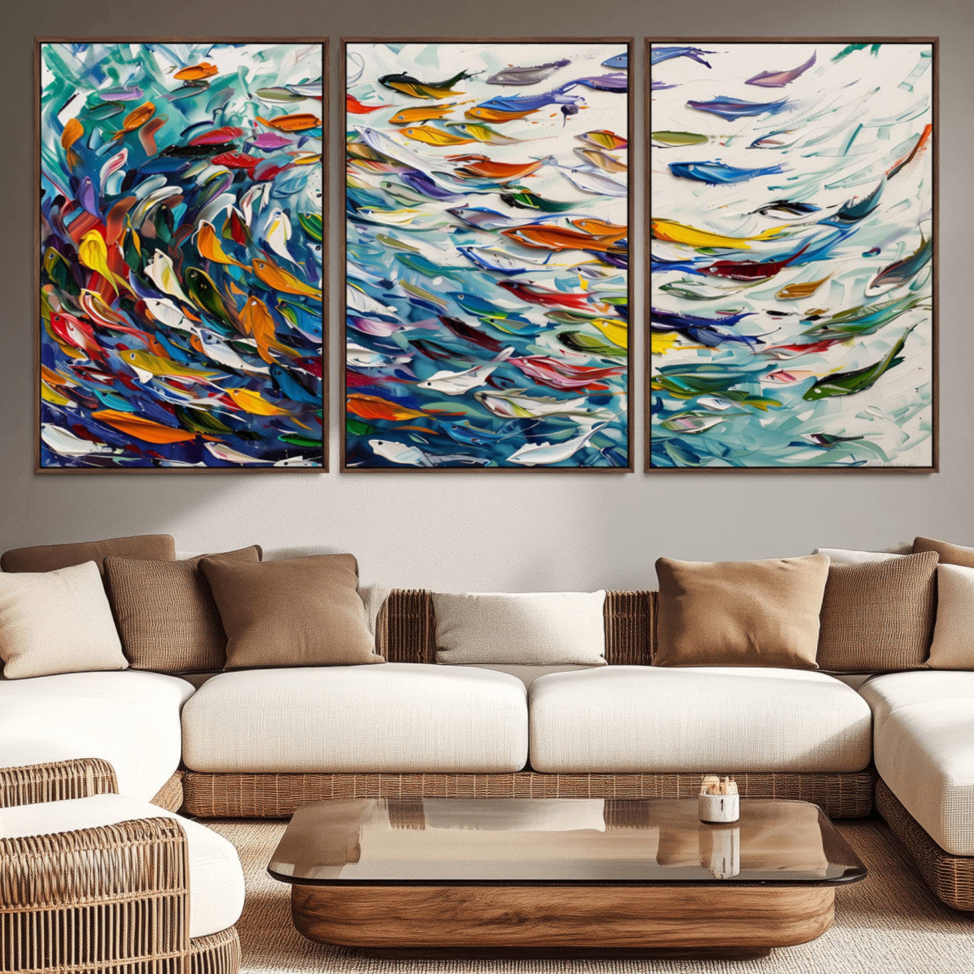 80105-MGV-CV-36X24-Modern Abstract Fish Shoal Wall Art Canvas Print, Colorful Fish Herd Painting on Canvas Print, Ocean