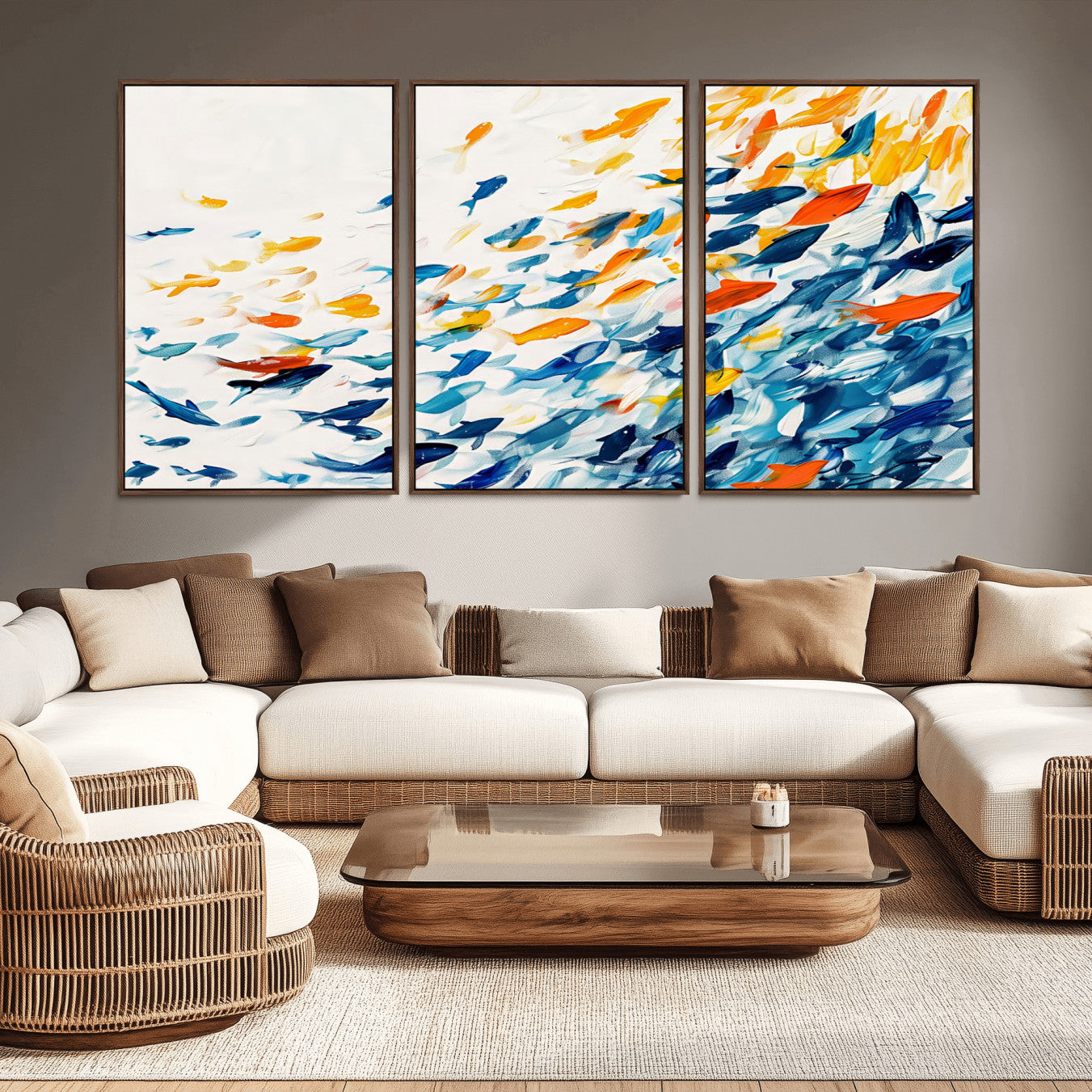 84837-MGV-CV-36X24-Abstract Fish Shoal Wall Art Canvas Print, Colorful Fish Herd Painting on Canvas Print, Ocean Animal