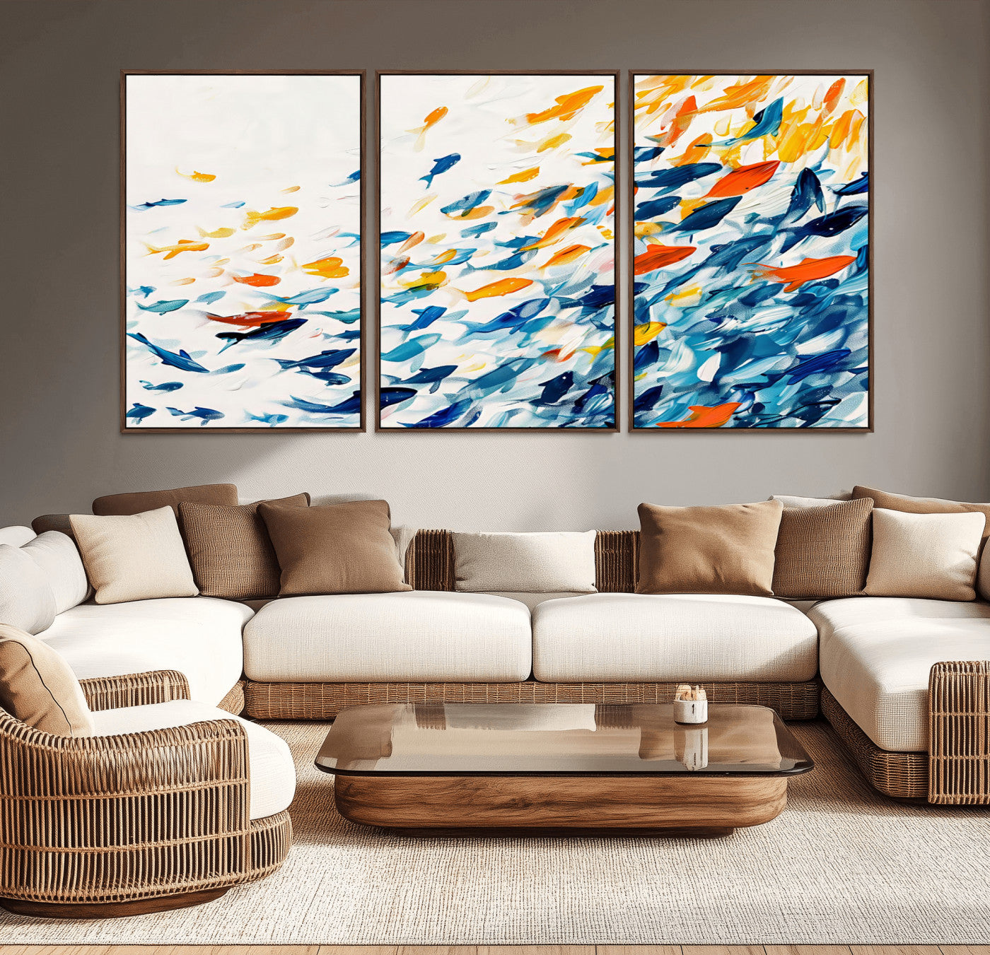 84837-MGV-CV-36X24-Abstract Fish Shoal Wall Art Canvas Print, Colorful Fish Herd Painting on Canvas Print, Ocean Animal