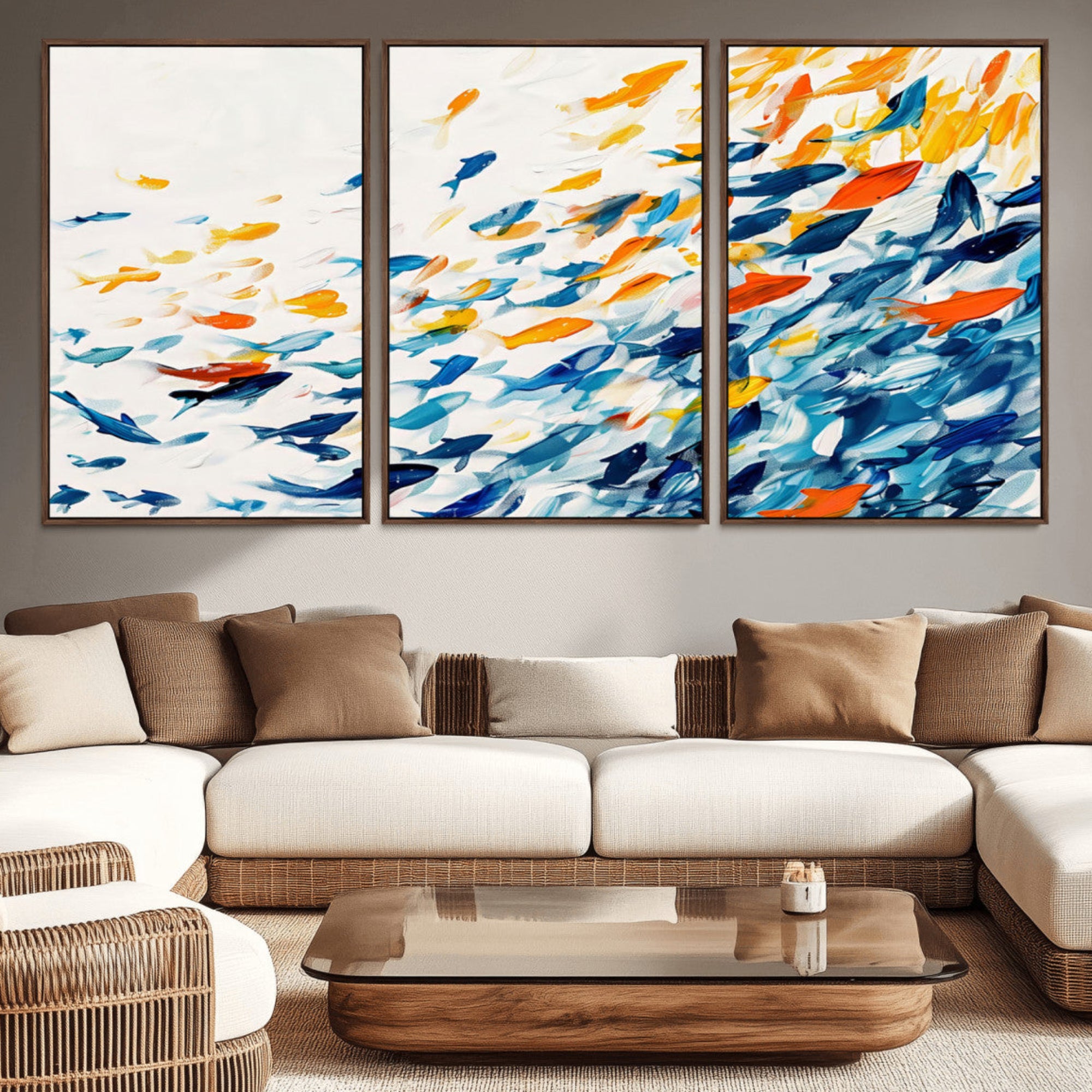 84837-MGV-CV-36X24-Abstract Fish Shoal Wall Art Canvas Print, Colorful Fish Herd Painting on Canvas Print, Ocean Animal