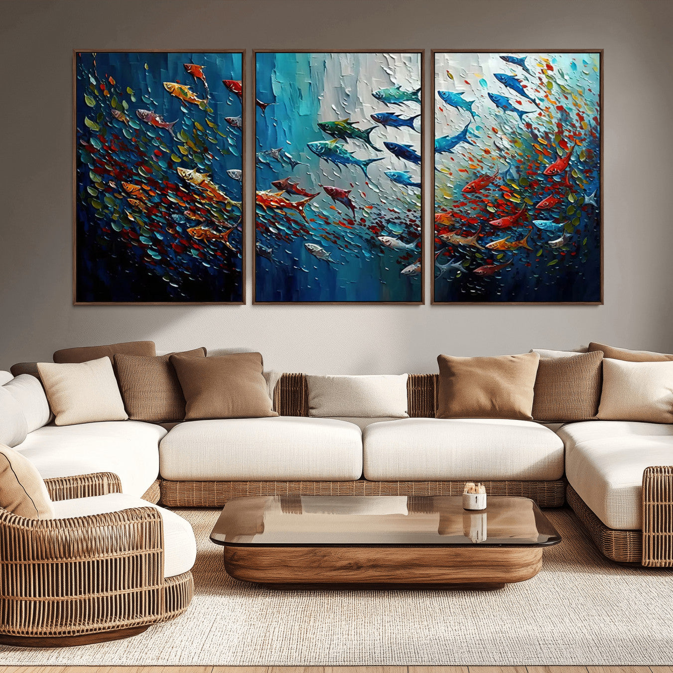 -Modern Abstract Fish Shoal Wall Art Canvas Print, Colorful Fish Herd Painting on Canvas Print, Ocean