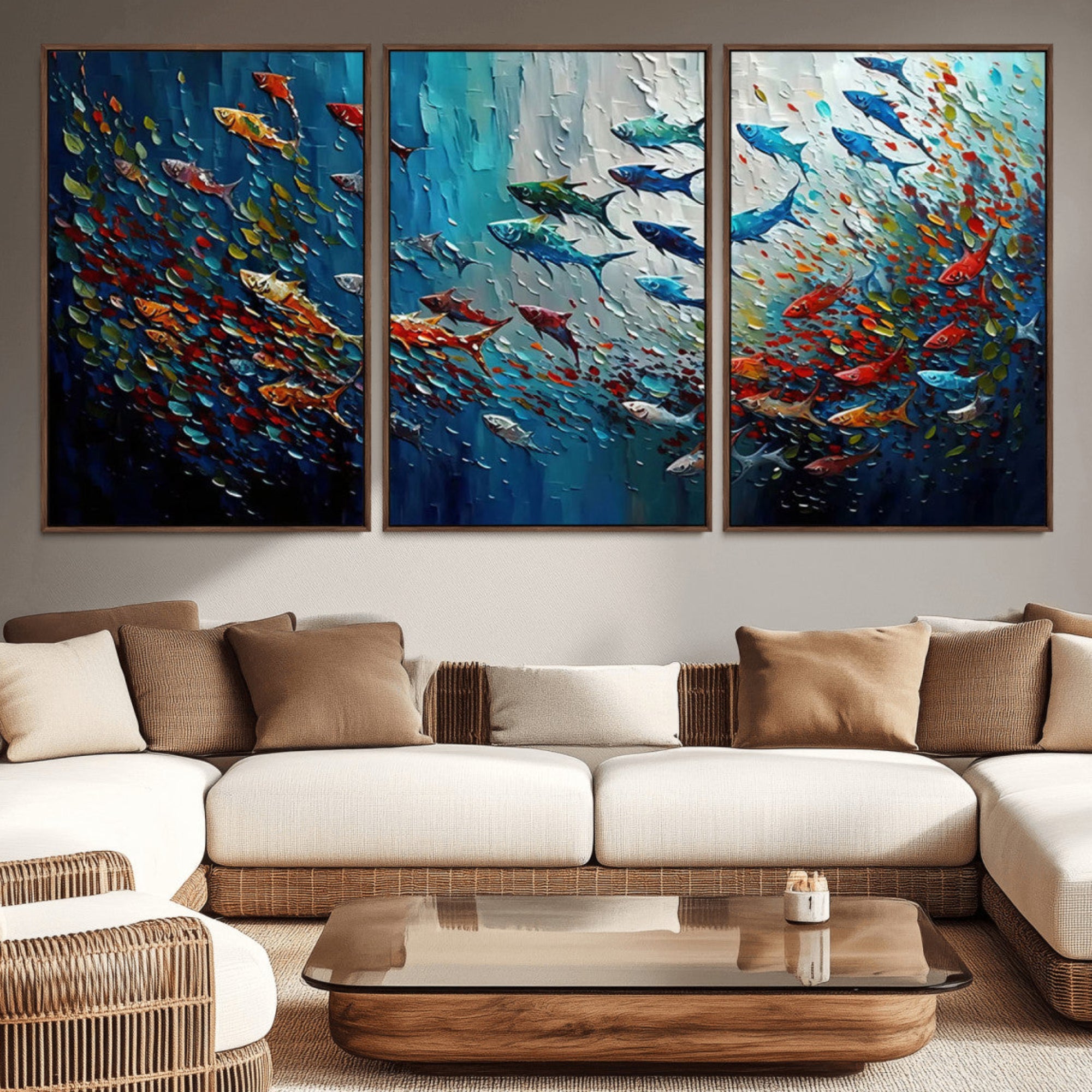 89626-MGV-CV-36X24-Modern Abstract Fish Shoal Wall Art Canvas Print, Colorful Fish Herd Painting on Canvas Print, Ocean