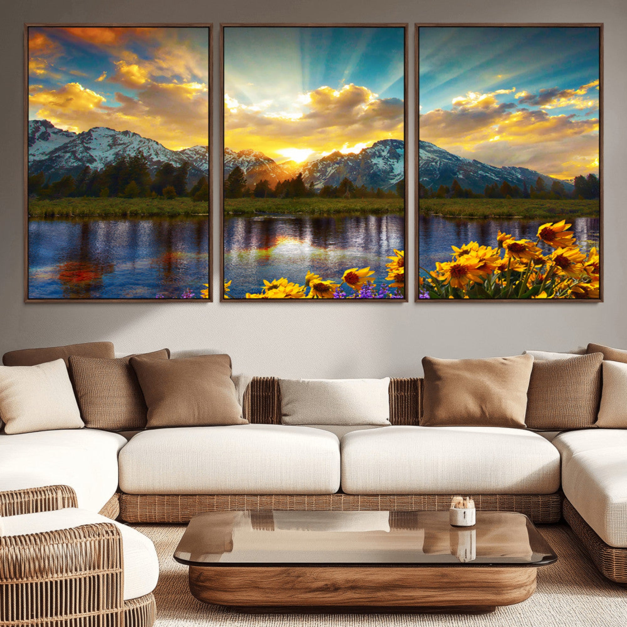 42292-MGV-CV-36X24-Mountain Sunrise Wall Art – Vibrant Landscape Canvas Print with Wildflowers and River Reflection, Nature Scenery Decor for Living Room or Bedroom