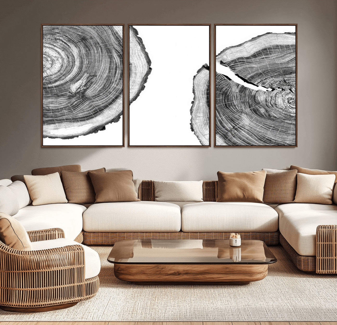 52770-MGV-CV-36X24-Abstract Large Tree Rings – Minimalist Black and White Wood Art | Triptych Canvas, Modern Wall Decor