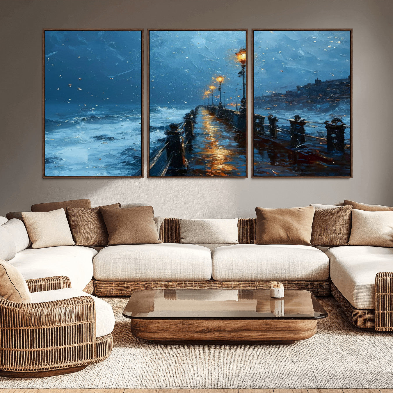 47244-MGV-CV-36X24-Stormy Night at Beach Pier Oil Painting Large Wall Art Print, Framed Canvas Nature Wall Decor,