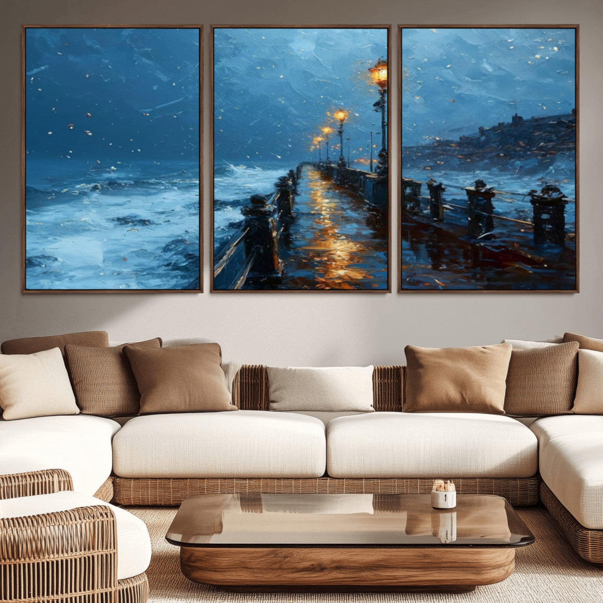 47244-MGV-CV-36X24-Stormy Night at Beach Pier Oil Painting Large Wall Art Print, Framed Canvas Nature Wall Decor,
