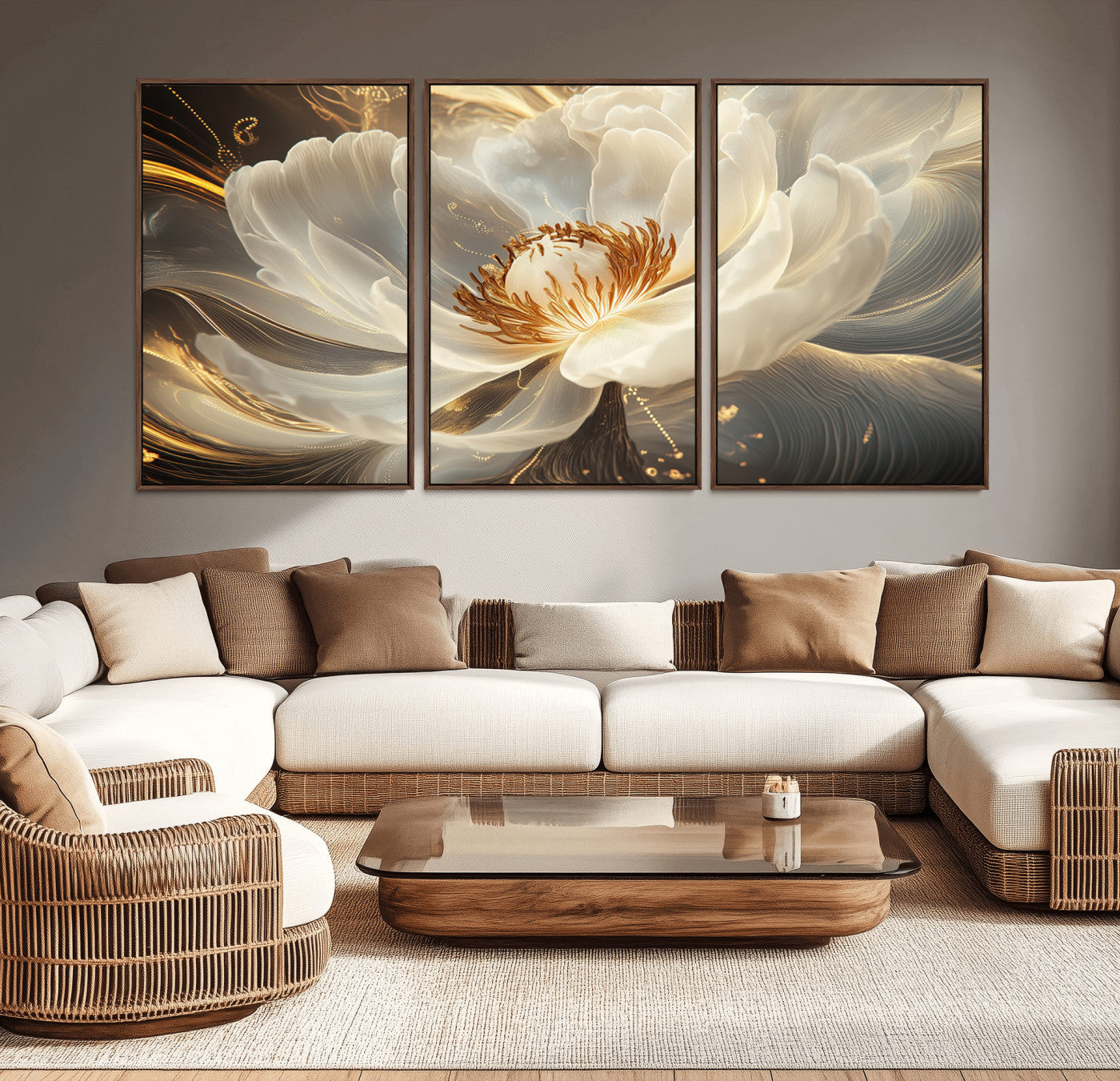 88383-MGV-CV-36X24-Gold Floral Wall Art Canvas Print, Framed Modern Flower Art Picture Print, Golden Abstract Perfect Vintage Decor Artwork