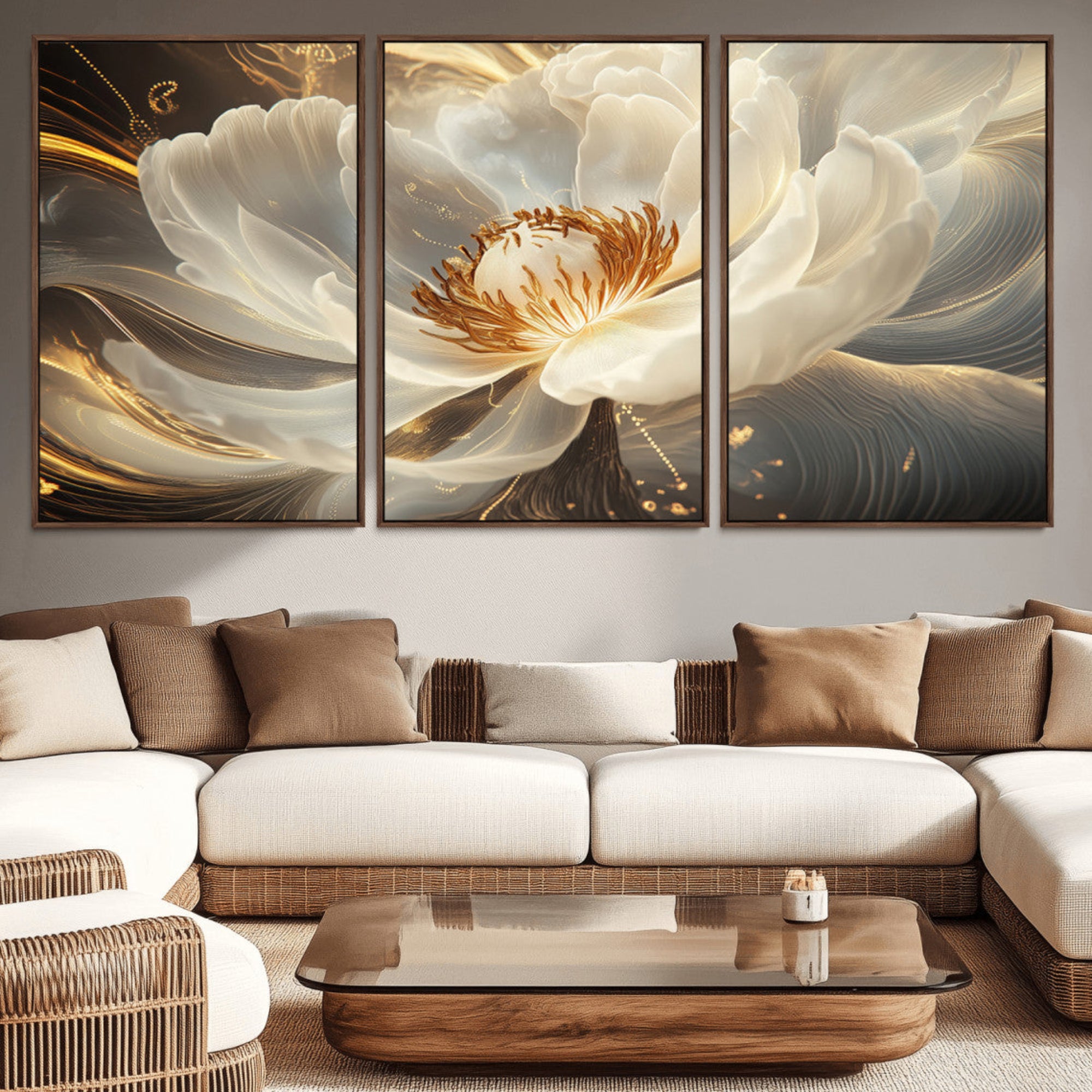 88383-MGV-CV-36X24-Gold Floral Wall Art Canvas Print, Framed Modern Flower Art Picture Print, Golden Abstract Perfect Vintage Decor Artwork