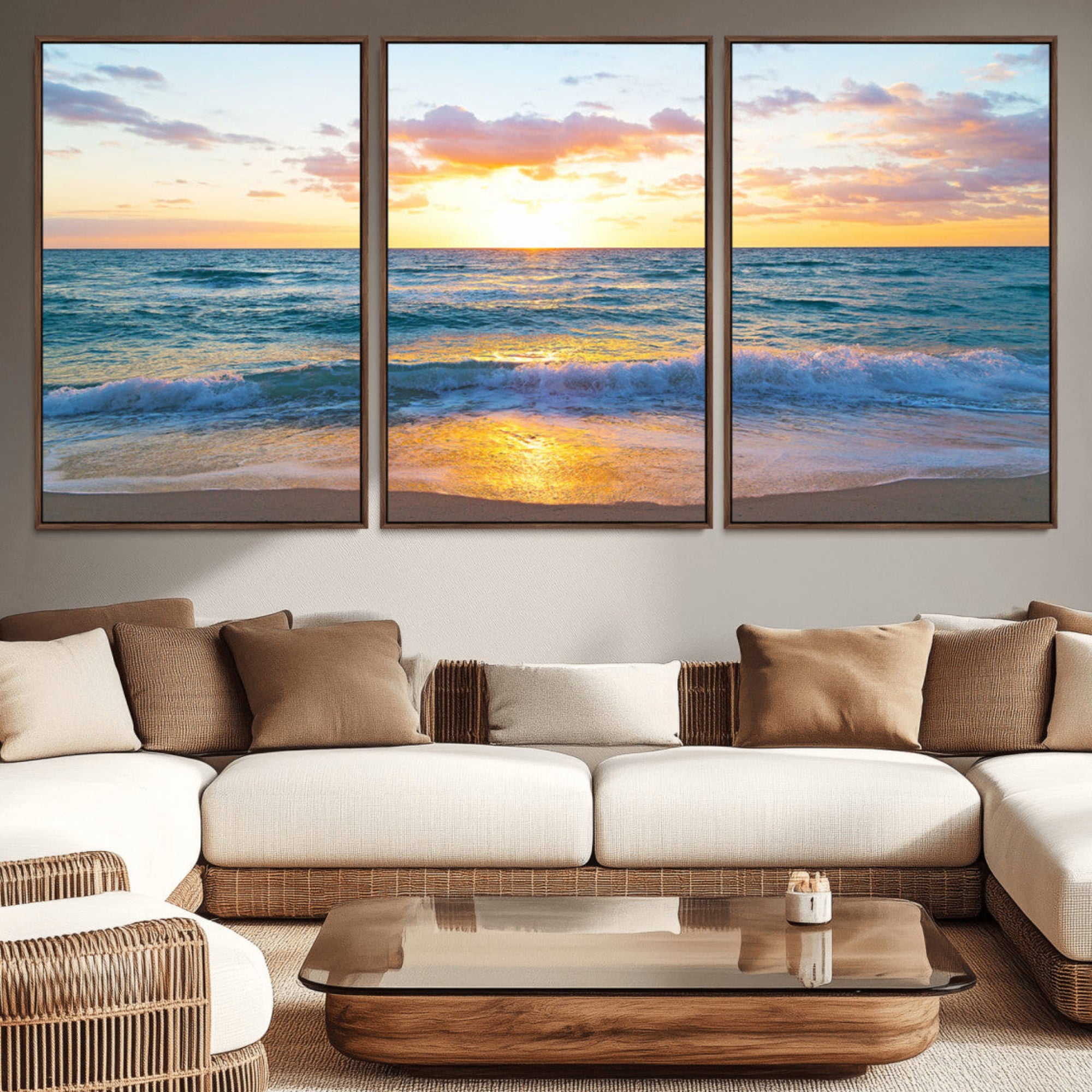 63383-MGV-CV-36X24-Golden Sunset Over Ocean Waves - Serene Coastal Triptych Wall Art for Relaxing Home Decor, Ready to