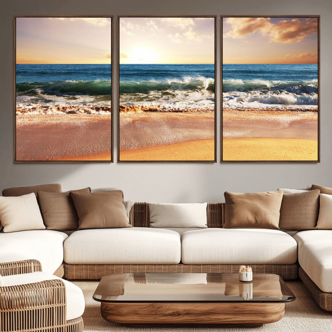 Sunset Beach Wall Art, 3 Panel Framed Canvas Print, Ready to Hang Ocean Sunset