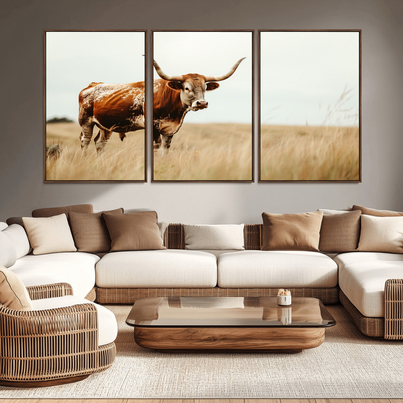 -Texas Longhorn Canvas Wall Art Print – Majestic Western Cattle in Rustic Farmhouse Decor – Cow Wall