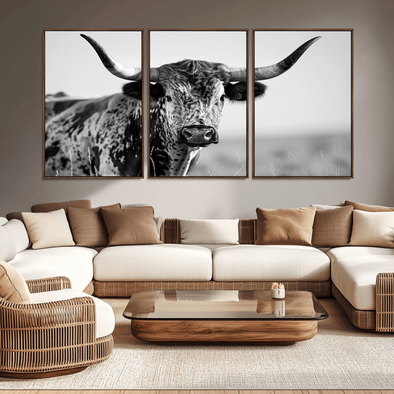 -Texas Highland Cow Longhorn Canvas Print - Rustic Farmhouse Wall Art - Large Texas Longhorn