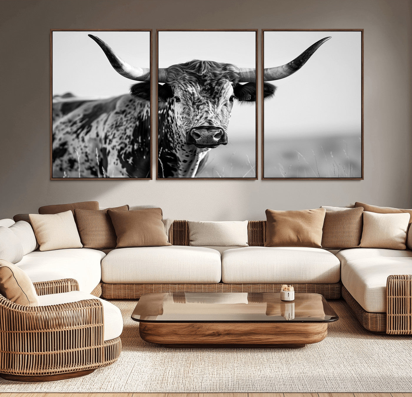 89724-MGV-CV-36X24-Texas Cow Longhorn Wall Art Canvas Print in Black and White – Framed, Ready to Hang