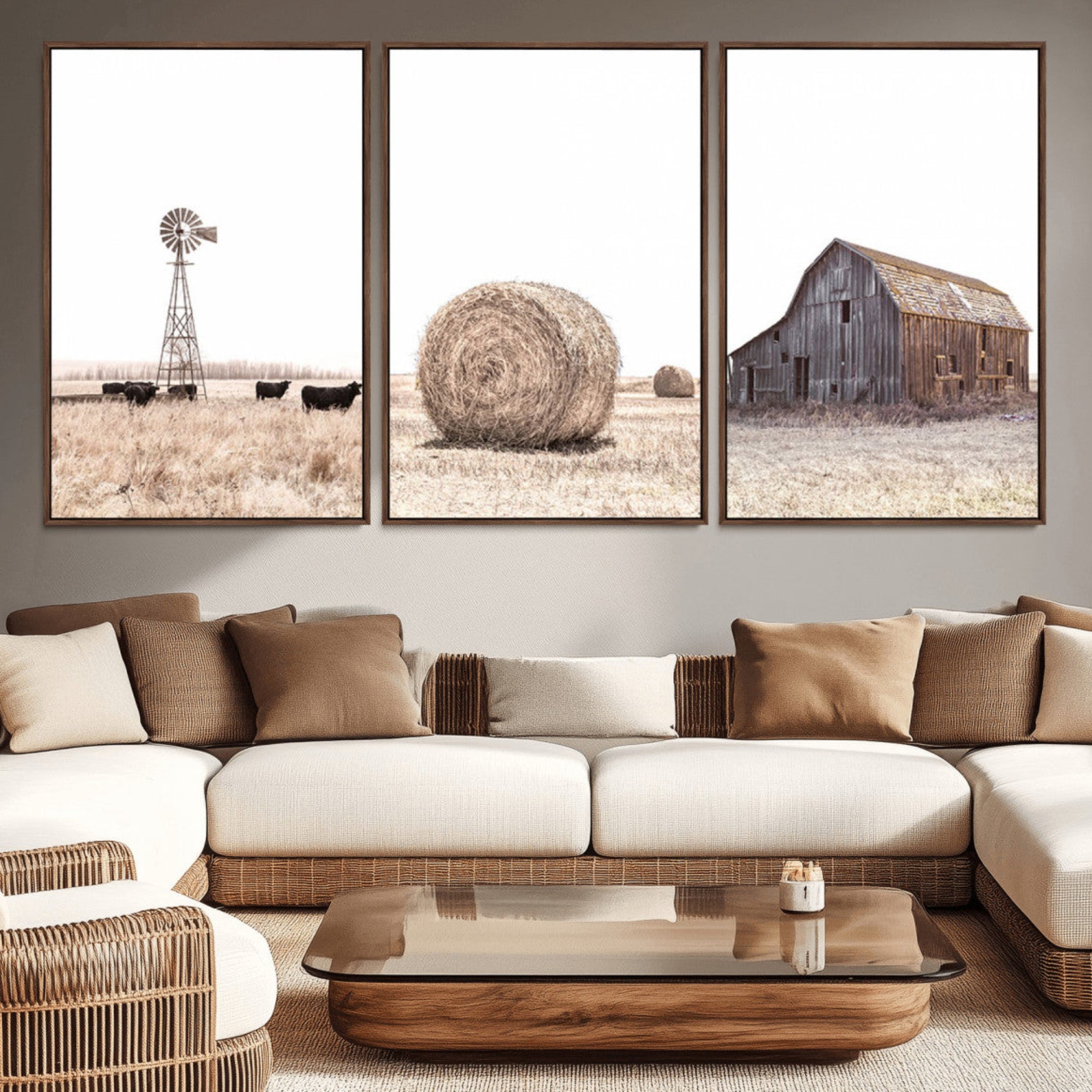 30918-MGV-CV-36X24-Rustic Farmhouse Wall Art Set of 3 – Country Barn and Wheat Field | Farm Prints for Country Home and