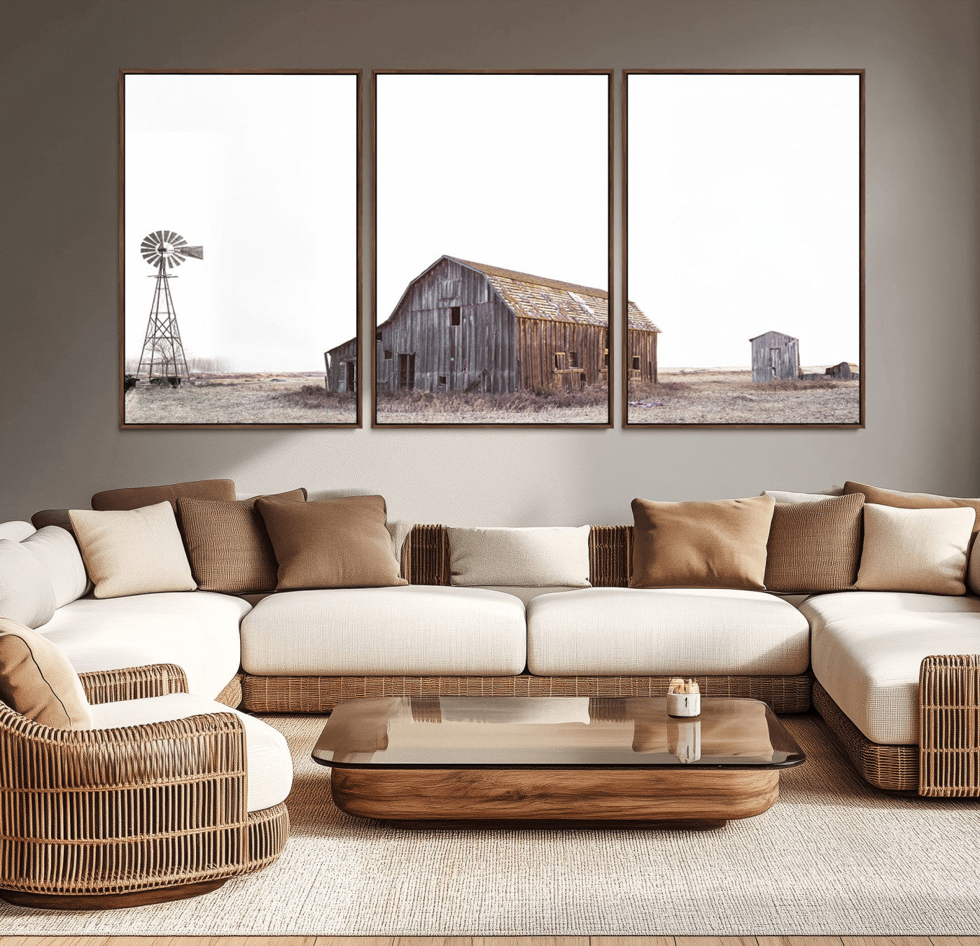 -Set of 3 Rustic Farmhouse Wall Art Prints – Country Barn, Wheat Field, and Farm Landscape for Cozy