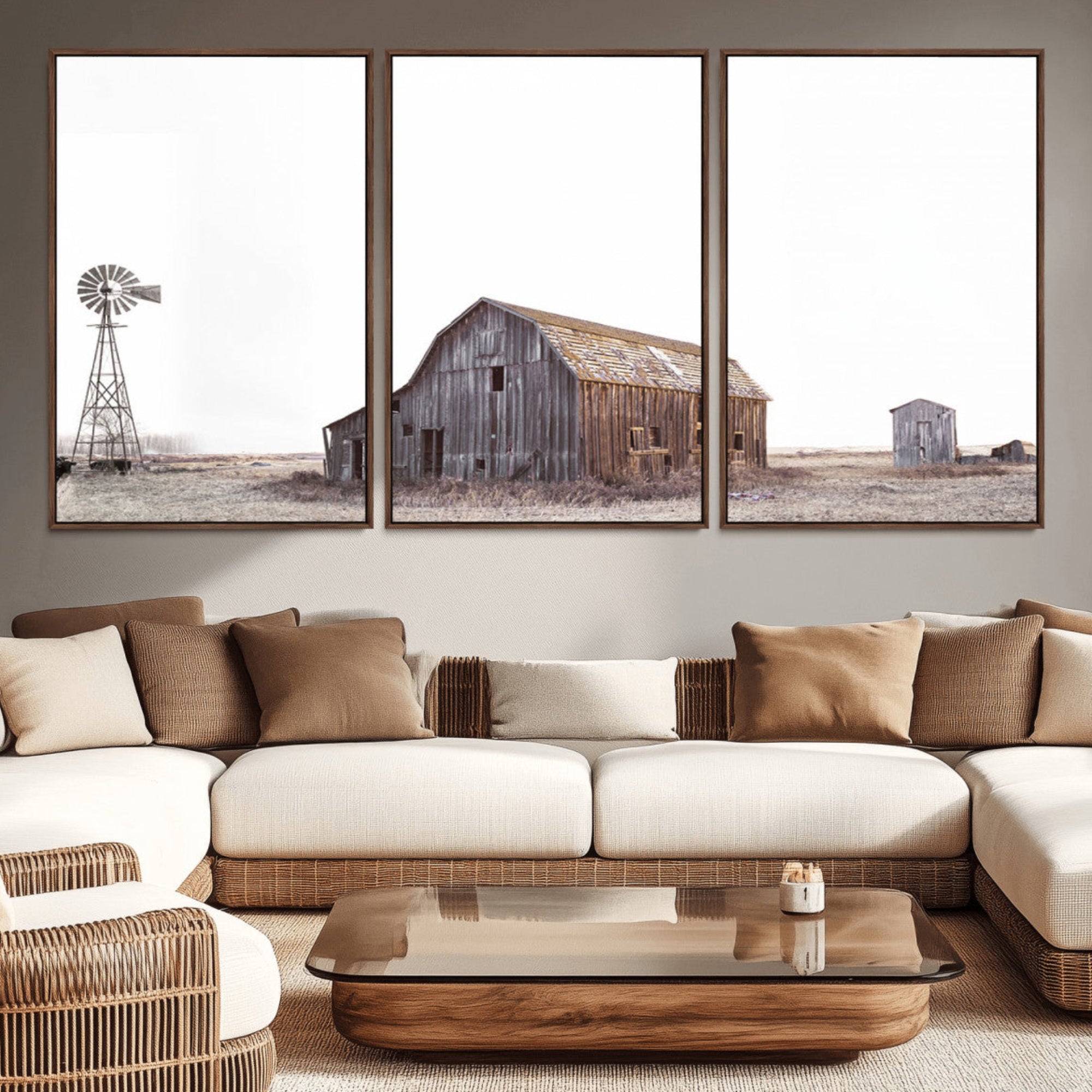 64560-MGV-CV-36X24-Set of 3 Rustic Farmhouse Wall Art Prints – Country Barn, Wheat Field, and Farm Landscape for Cozy