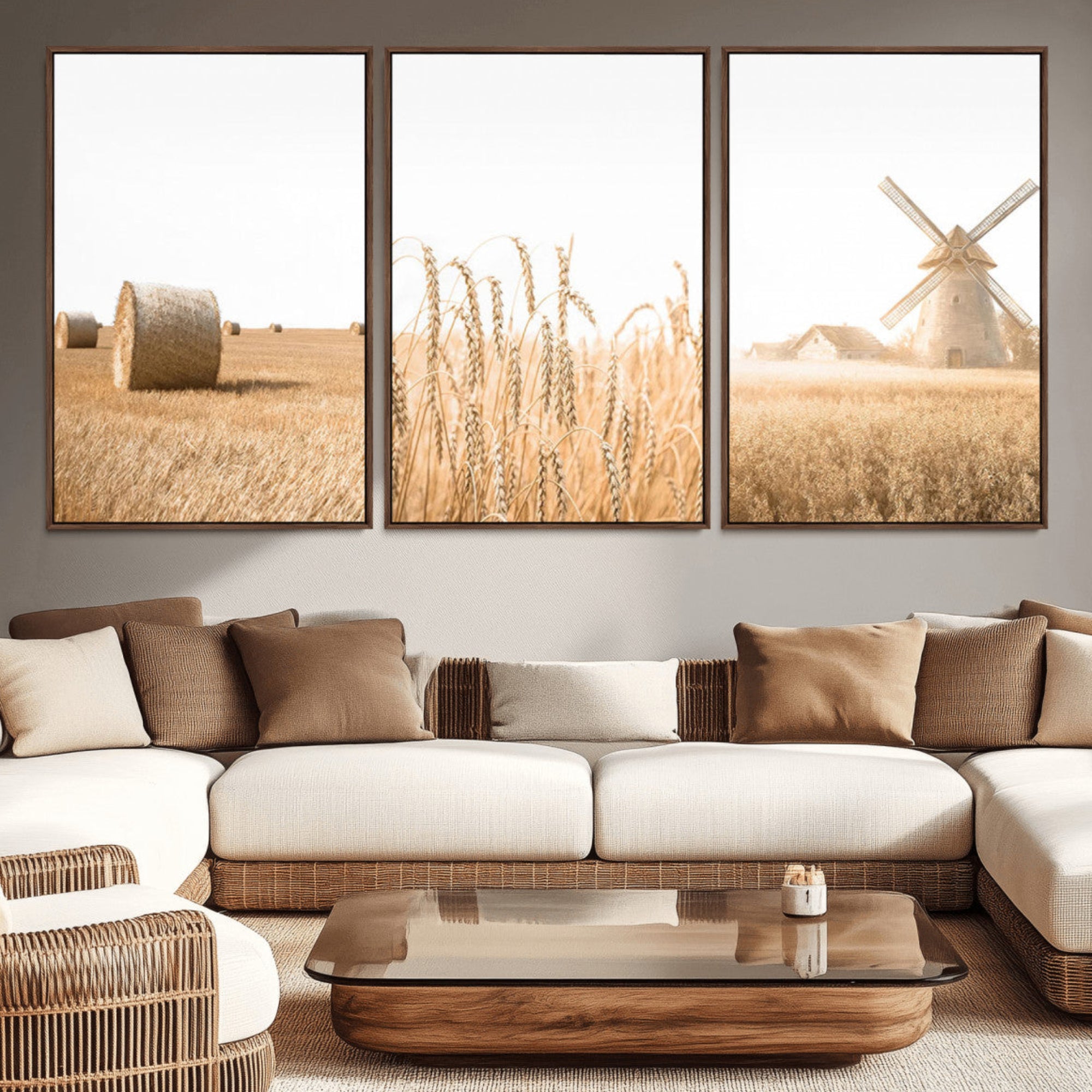 88780-MGV-CV-36X24-Vintage Farmhouse Triptych Wall Art – Giclée Canvas Featuring Wheat Fields, Hay Bales, and a