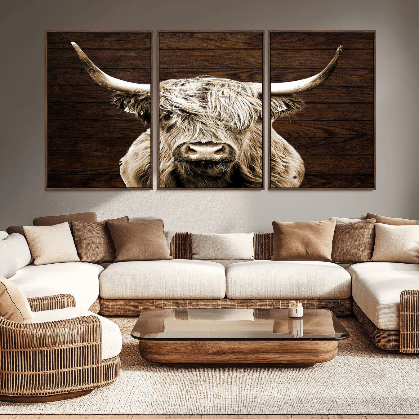 -Highland Cow Wall Art Canvas Print, Rustic Farmhouse Decor, Majestic Scottish Highland Bull Portrait