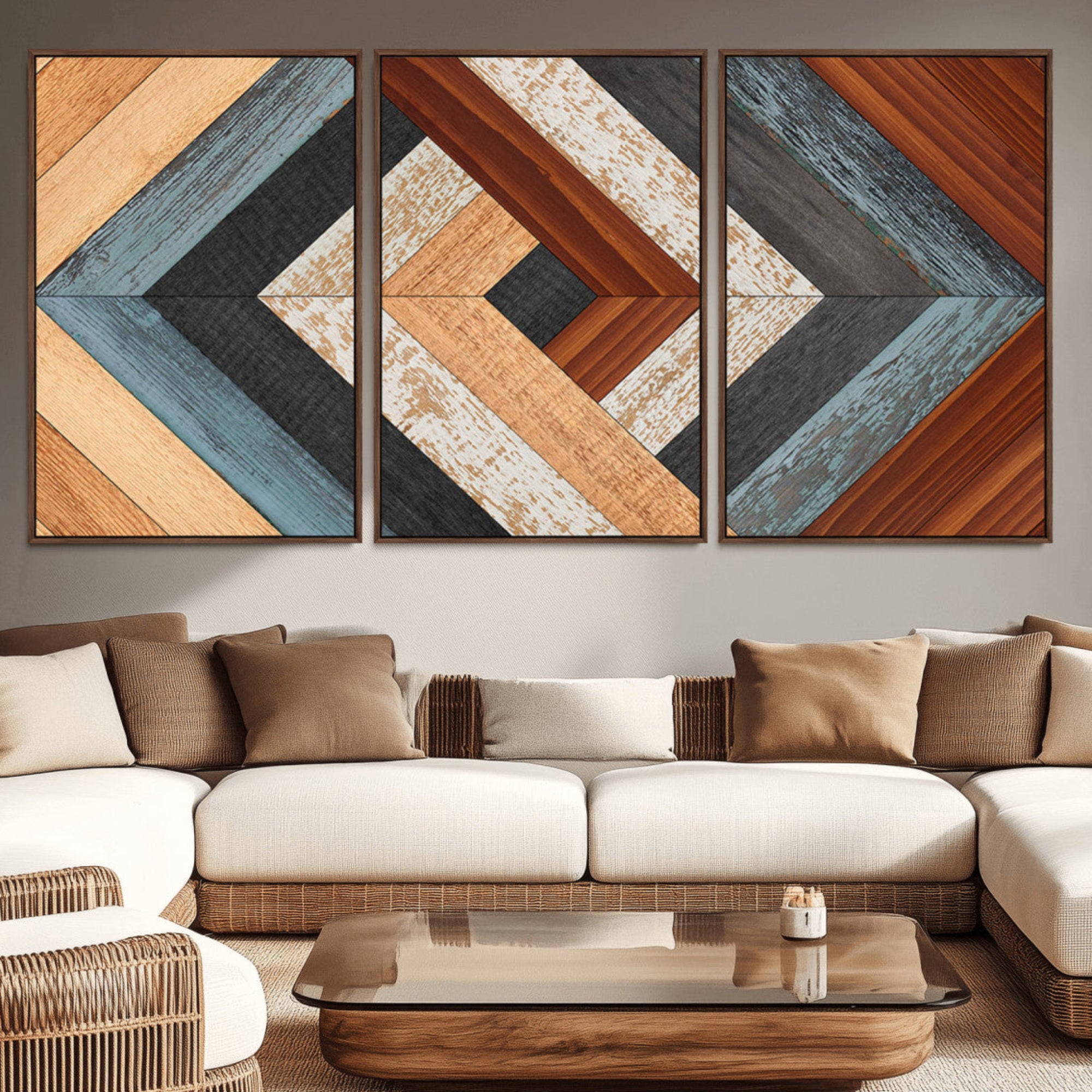 20897-MGV-CV-36X24-Geometric Wood Art Wall Decor Canvas Print, Rustic Wooden Pattern Triptych Wall Art for Living Room