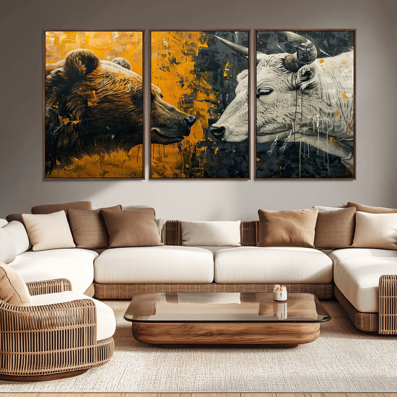 71185-MGV-CV-36X24-Bear and Bull Wall Art Canvas Print – Abstract Animal Portrait Painting for Modern Home Decor –