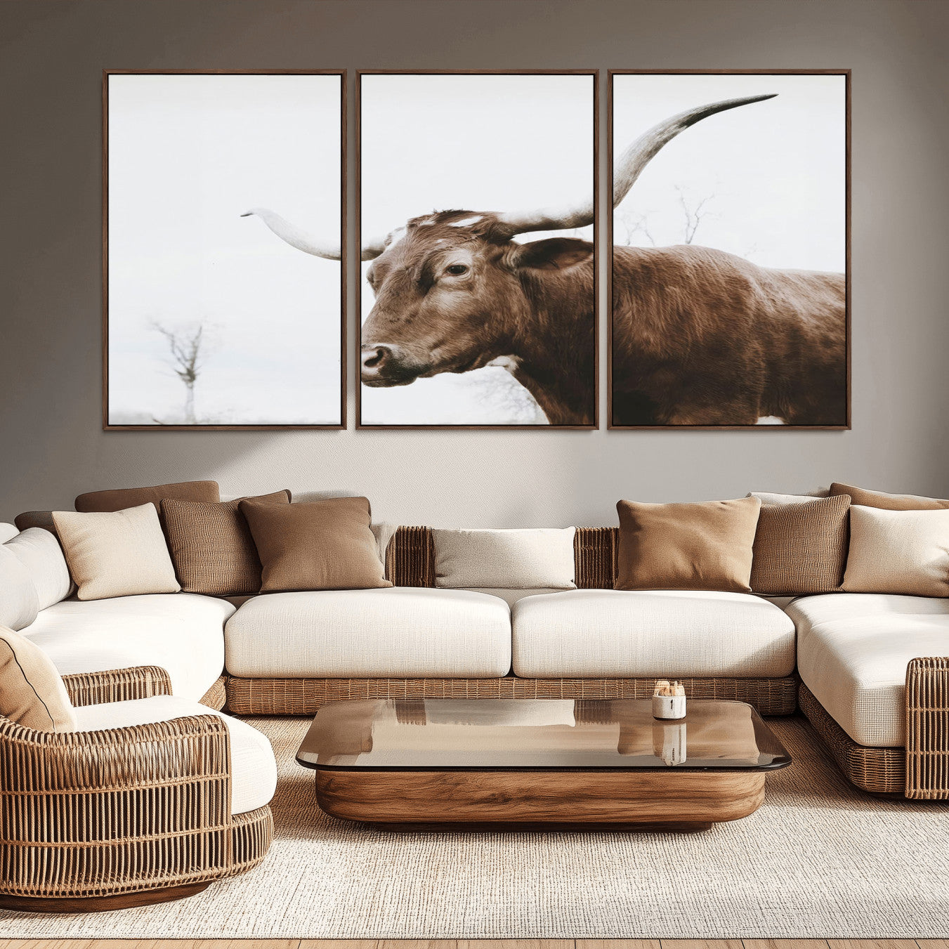 -Rustic Bull Wall Art Canvas Print – Modern Longhorn Farmhouse Animal Decor – Abstract Farm Cow