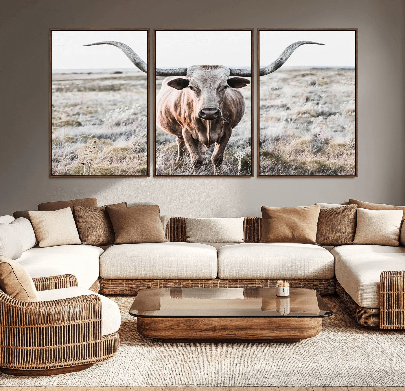 -Rustic Texas Longhorn Wall Art Canvas Print | Western Farmhouse Decor for Living Room or Office,