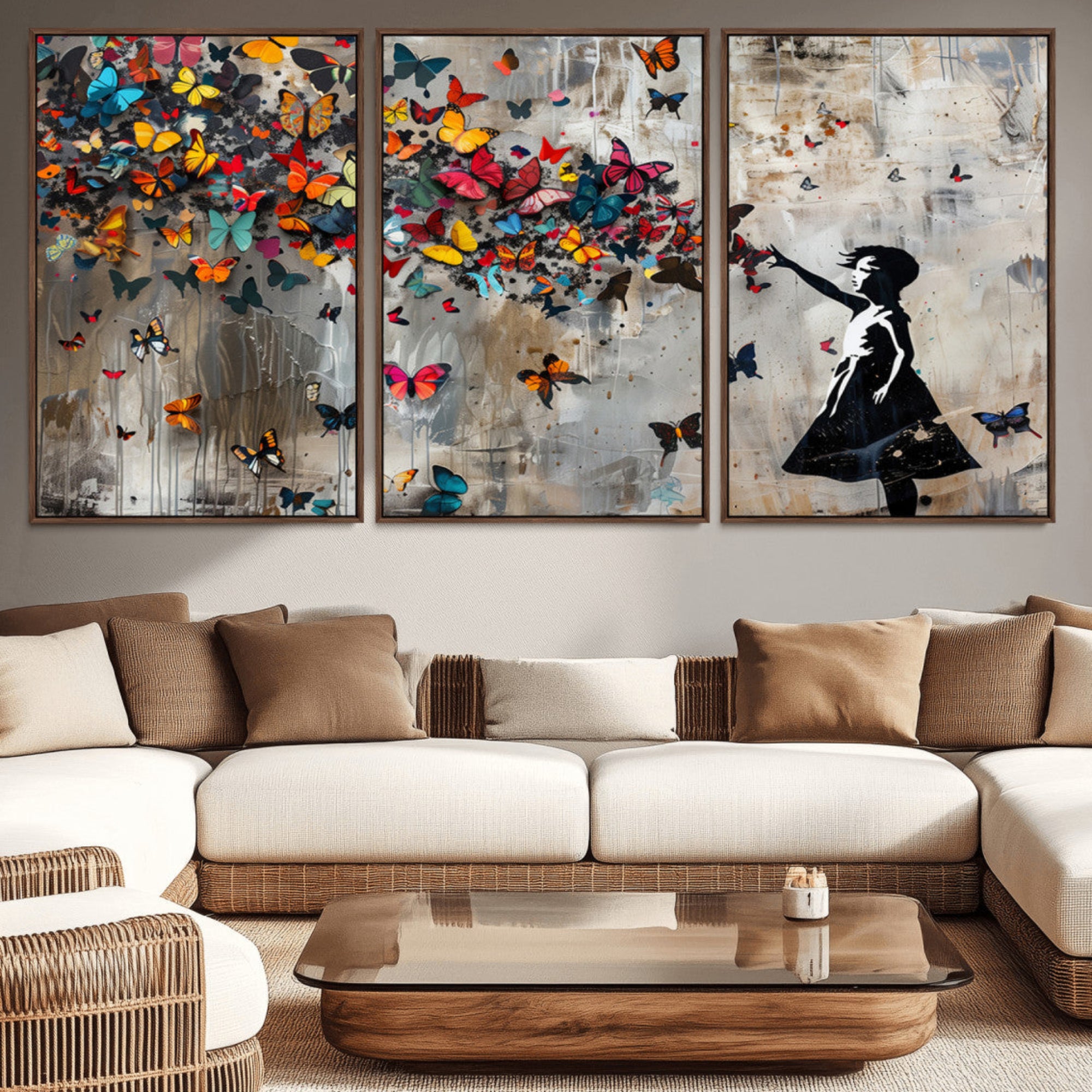 40269-MGV-CV-36X24-Banksy Wall Art - Banksy Girl and Butterfly Explosion Wall Art Canvas Print | Girl with Butterflies