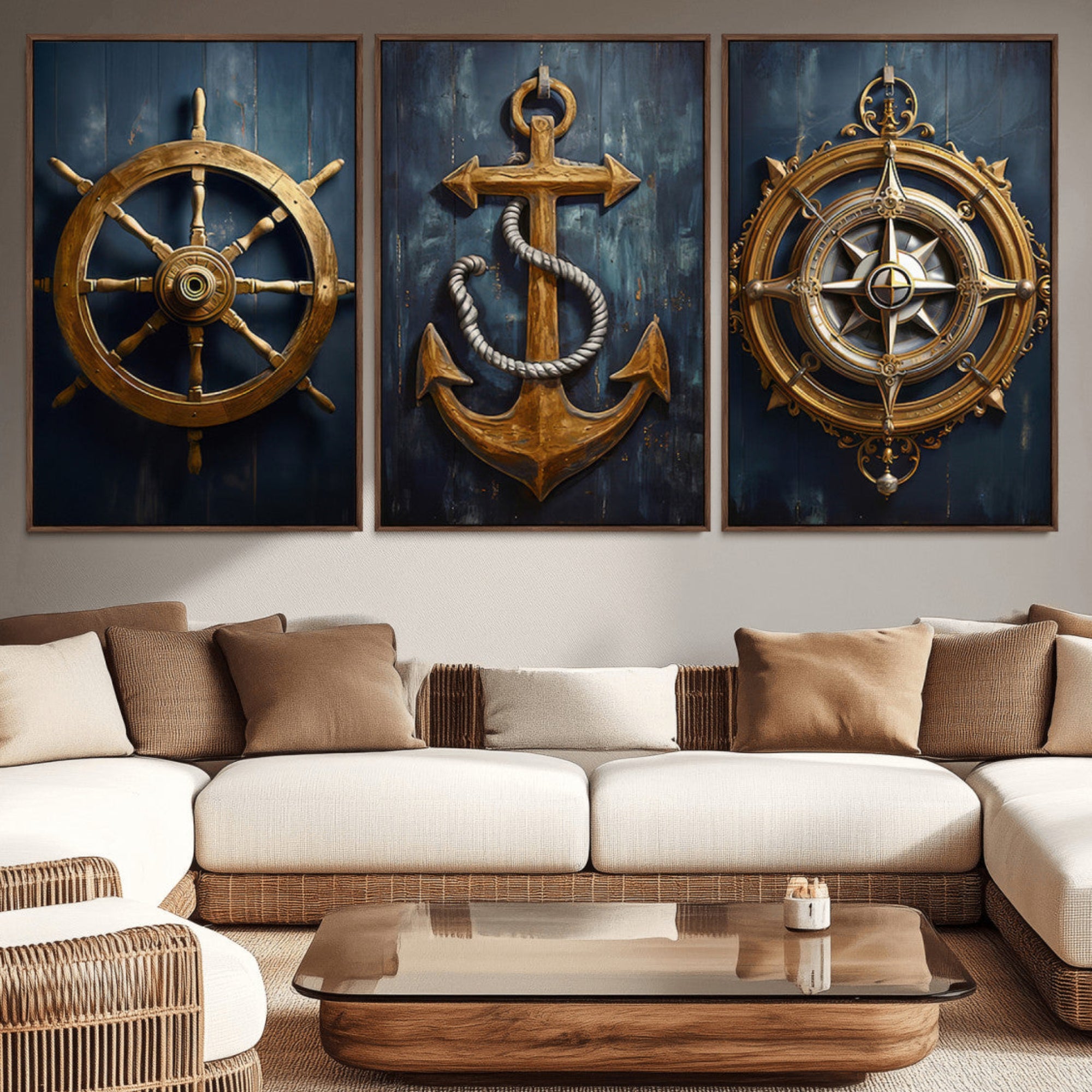 56214-MGV-CV-36X24-Boat Anchor Compass With Rope Wall Art Canvas Print | Beach House Wall Art