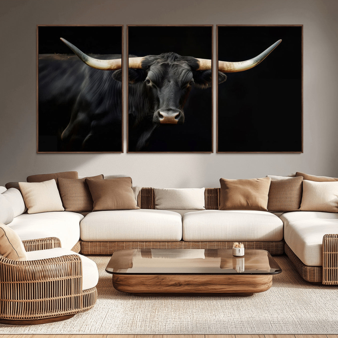 -Black Bull Wall Art – Majestic Longhorn Canvas Print with Dark Background, Rustic Western Farmhouse Decor for Living Room or Office