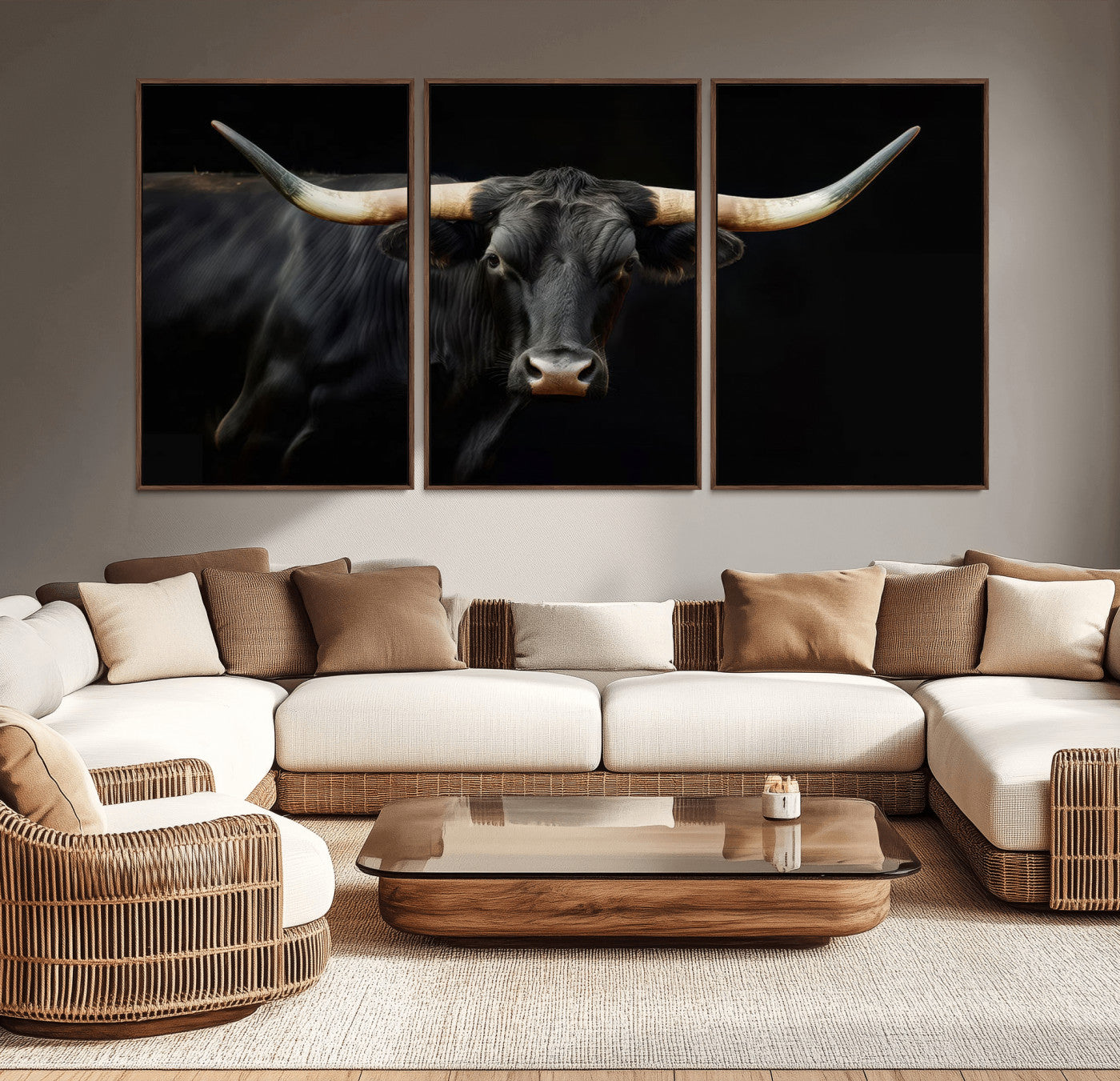 63798-MGV-CV-36X24-Black Bull Wall Art – Majestic Longhorn Canvas Print with Dark Background, Rustic Western Farmhouse Decor for Living Room or Office