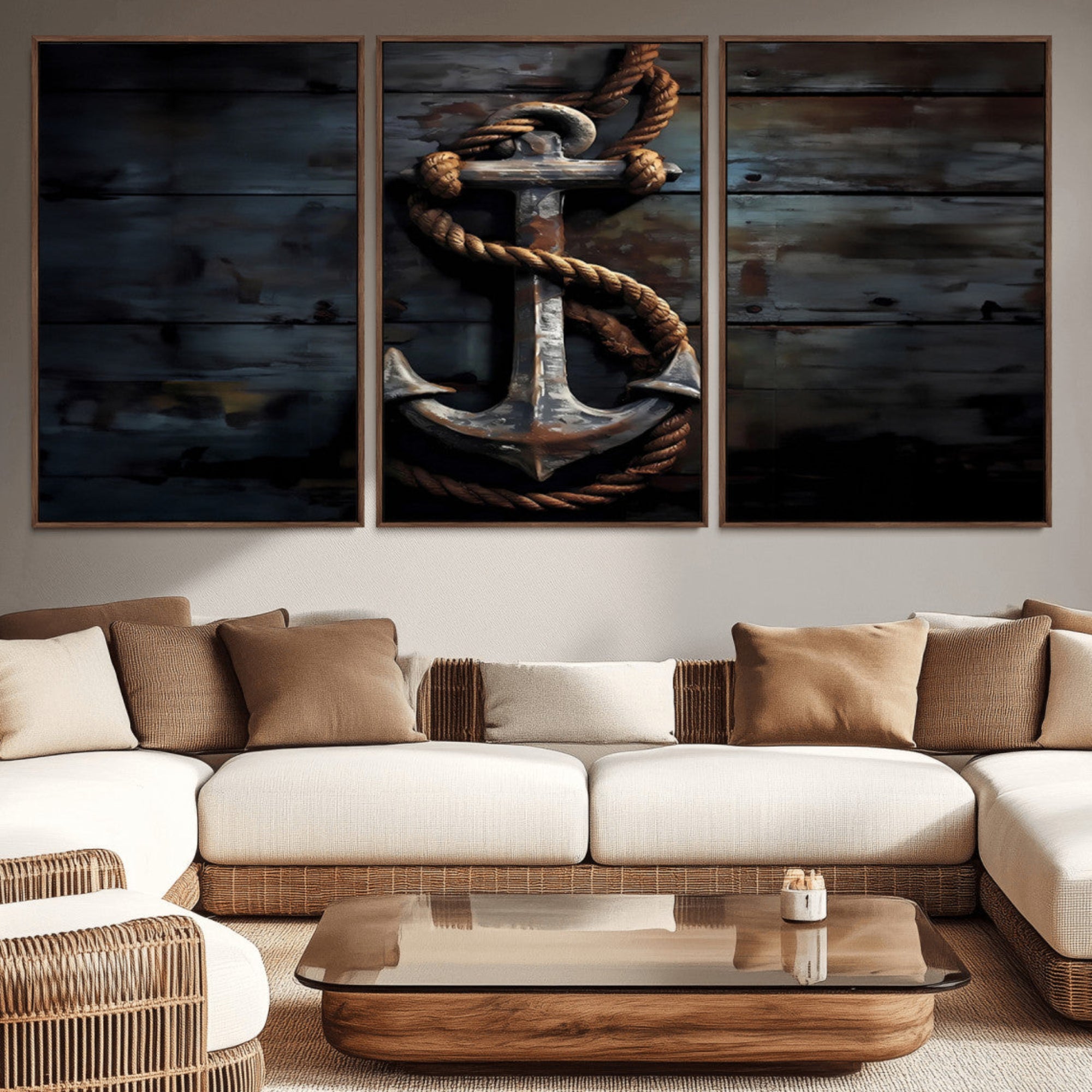 20984-MGV-CV-36X24-3 Panel Grunge Abstract Anchor Wall Art Canvas Print Set