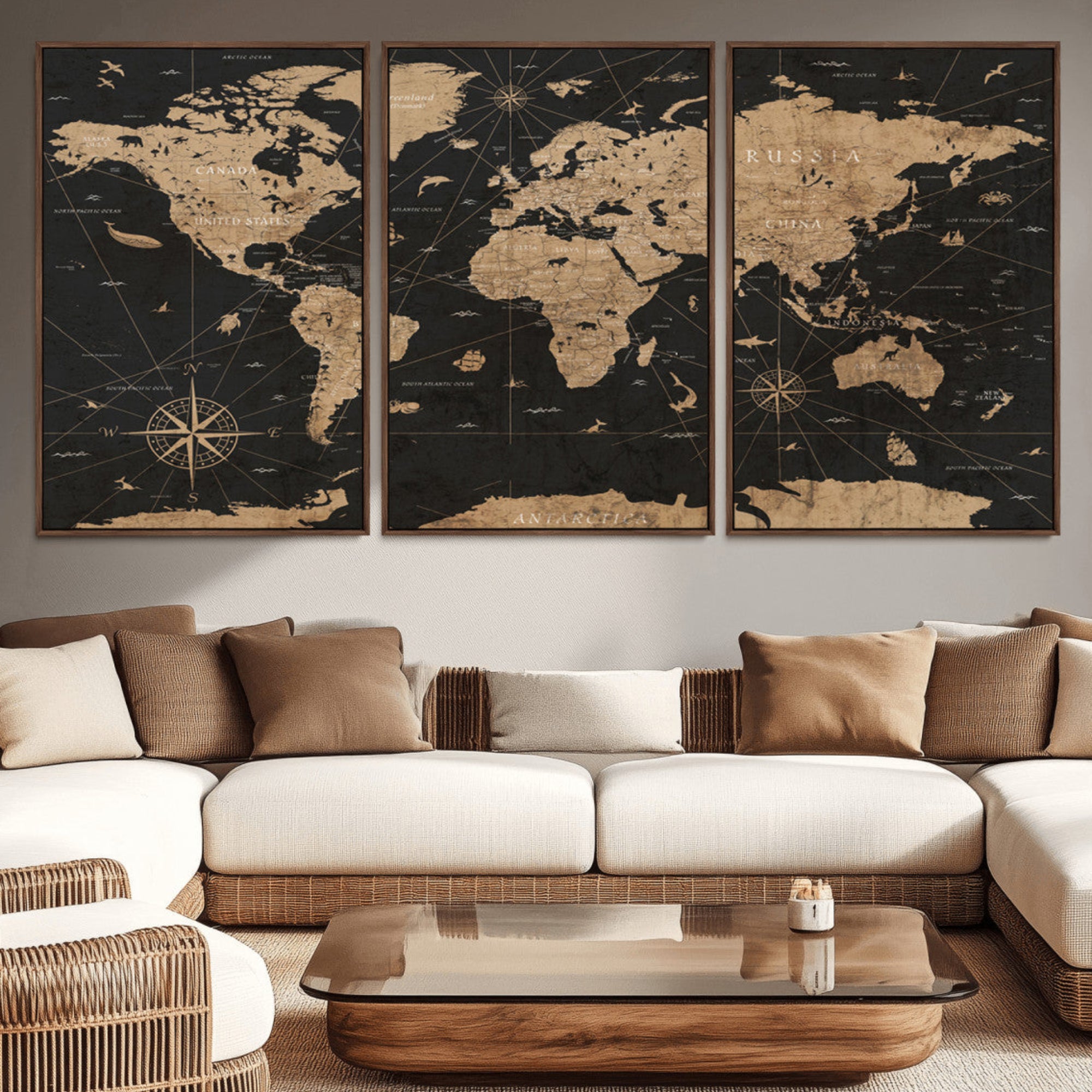 61023-MGV-CV-36X24-Vintage Push Pin World Map Canvas Print – Framed Travel Tracker Wall Art, Rustic Adventure Map Gift for Home or Office Decor